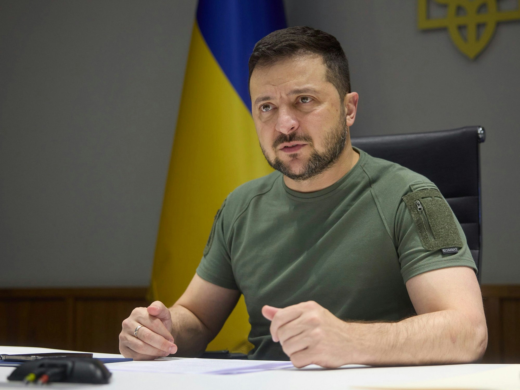 Wolodymyr Selenskyj, Präsident der Ukraine, hält im Mariinskyi-Palast eine Ansprache auf dem Welternährungsgipfel per Videoübertragung.