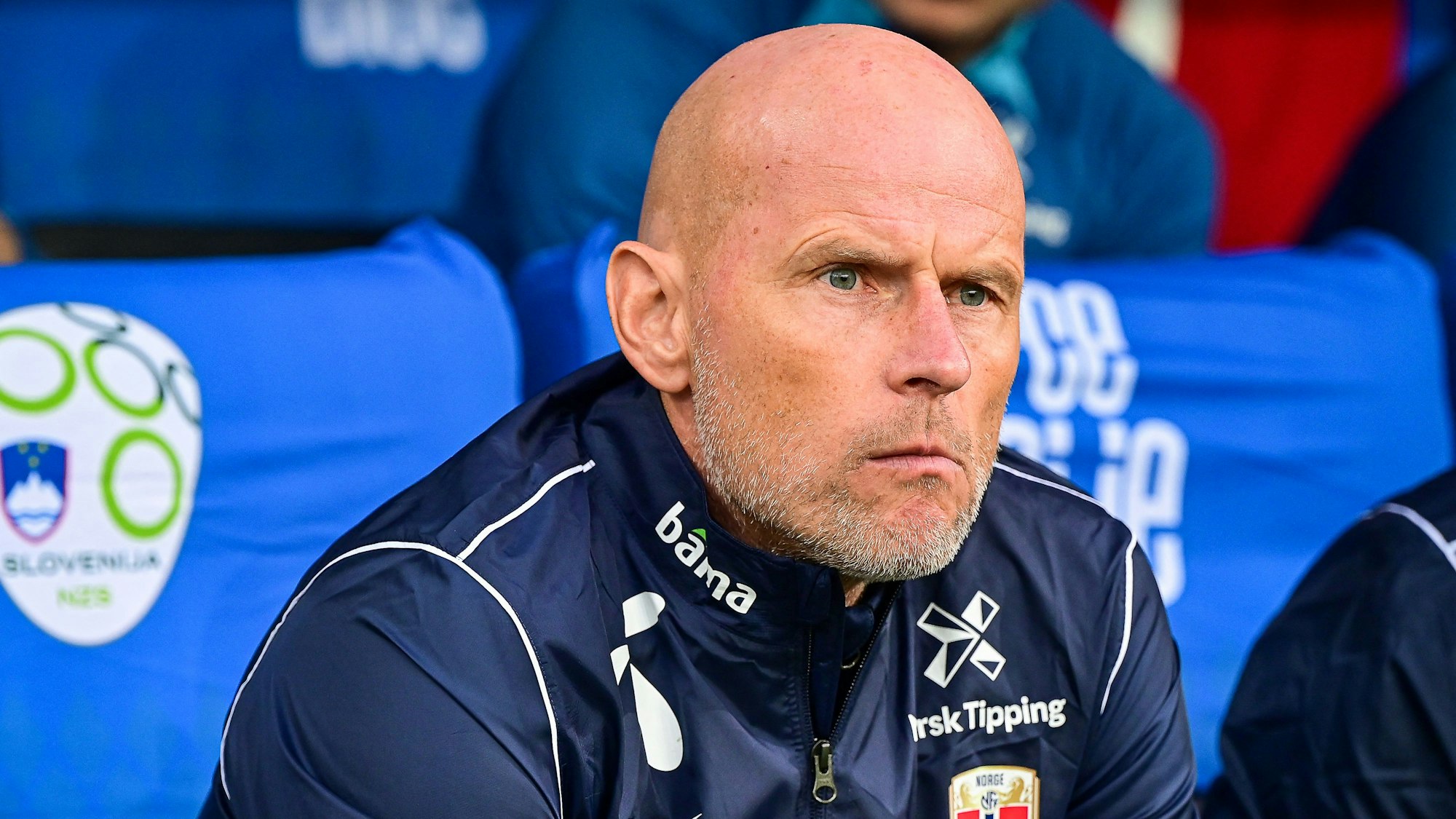 Stale Solbakken sitzt bei einem Norwegen-Länderspiel auf der Trainerbank.