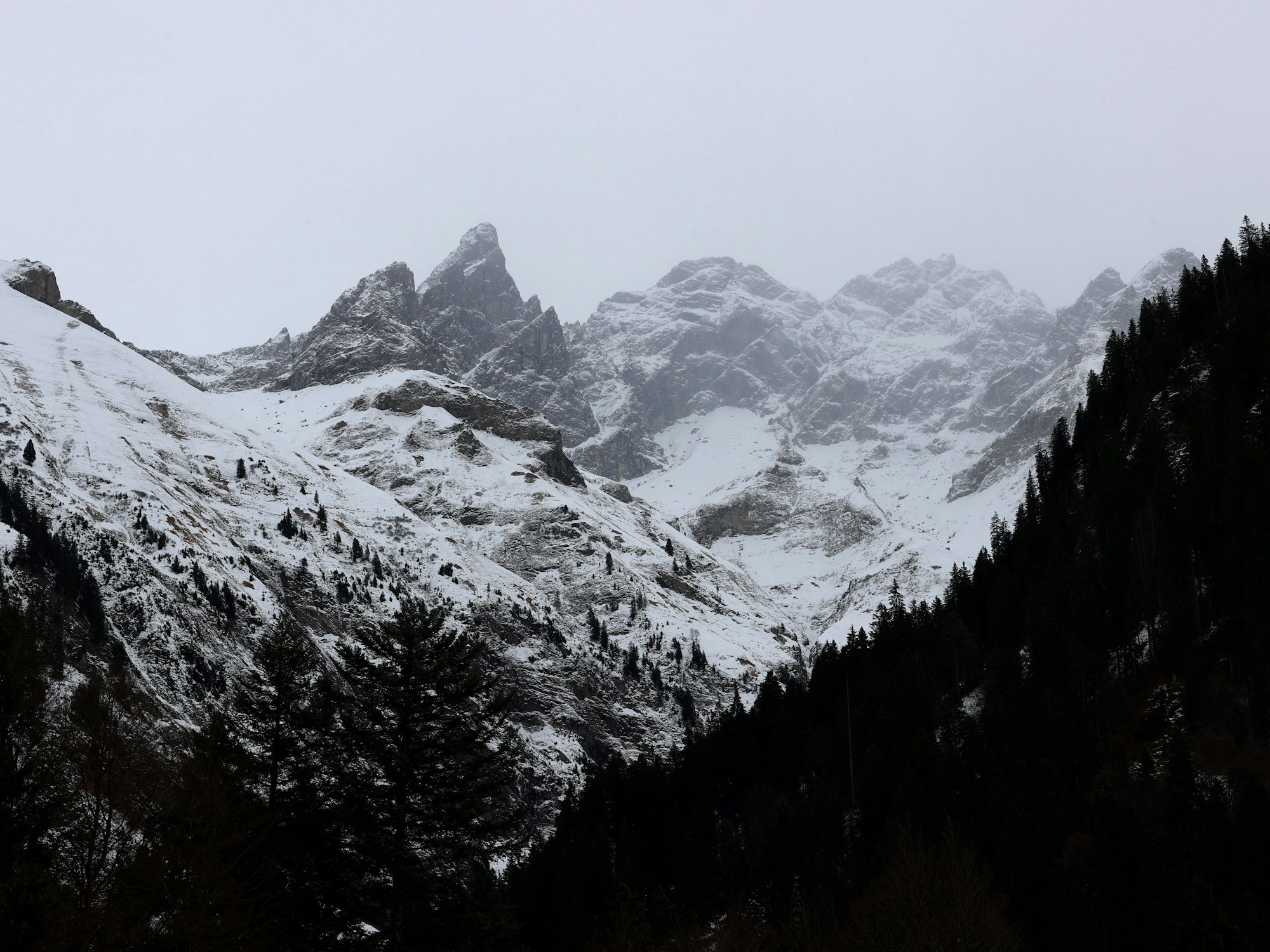Schneebedeckte Berge begrenzen das Rappenalptal.