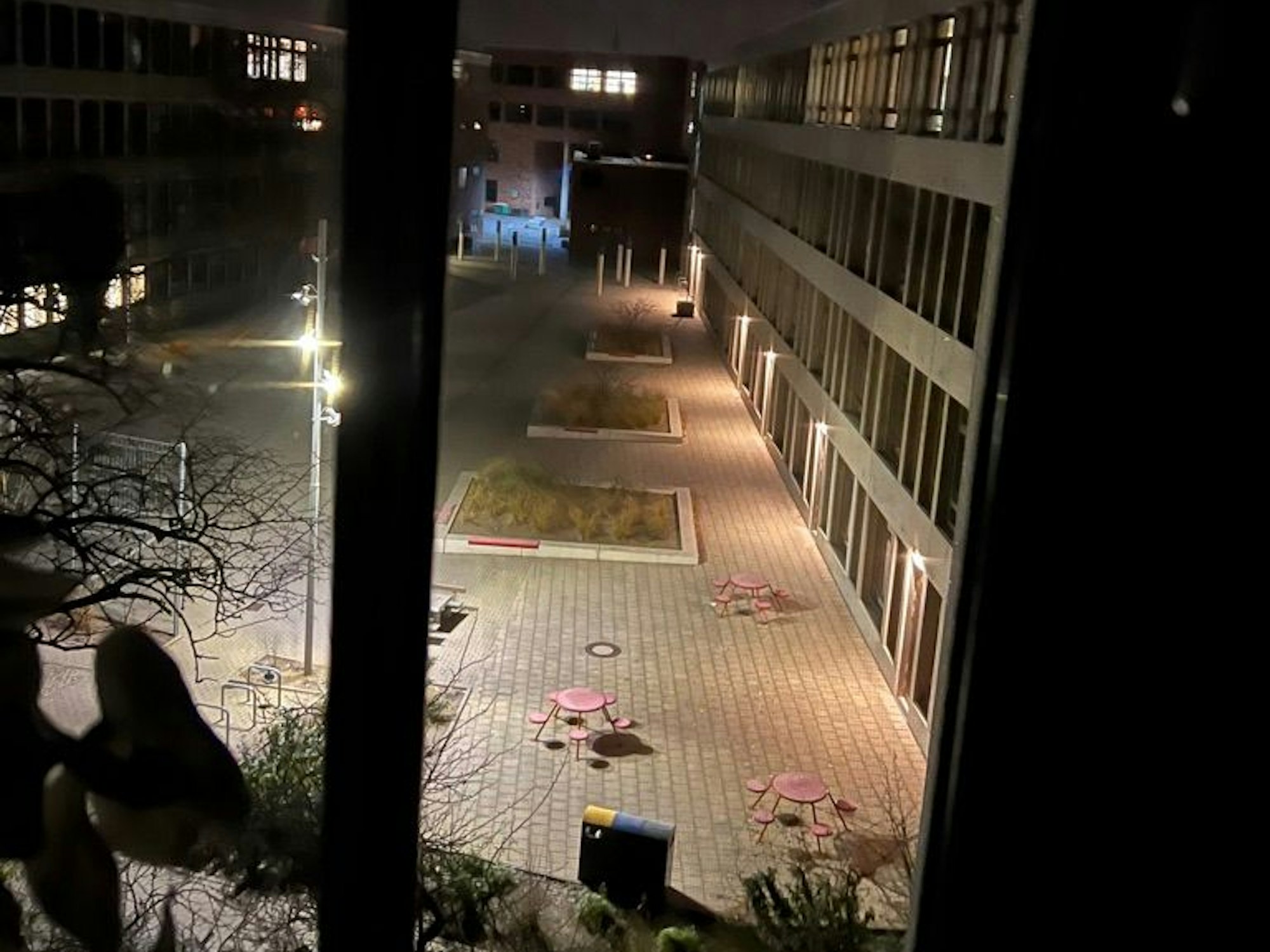 Beleuchtetes Schulgelände des Schiller-Gymnasiums