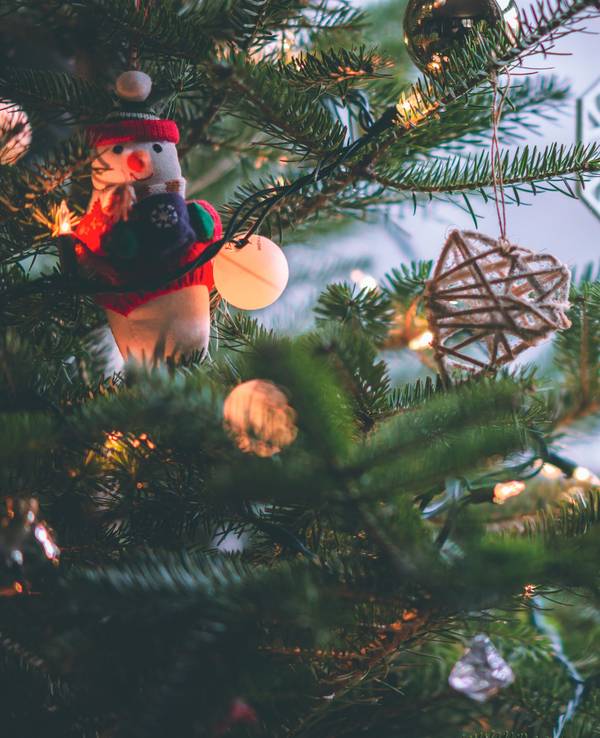 Ein geschmückter Tannenbaum steht im Haus.