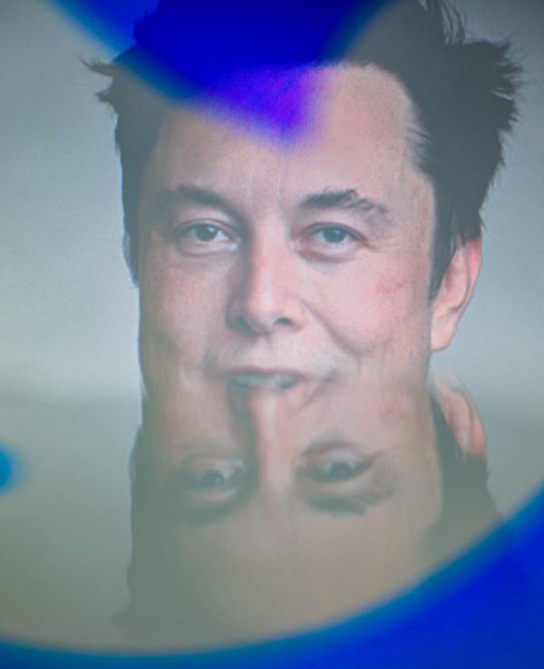 Elon Musk, CEO von Tesla und SpaceX, hinter den Silhouetten des Twitter-Logos.