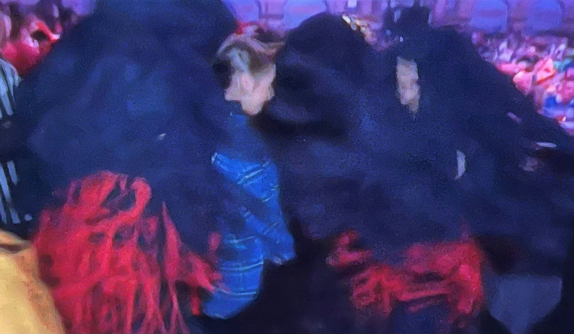 Fans-Wahnsinn bei der Darts-WM: Als Waschstraße verkleidete Fans nehmen Moderatorin Jana Wosnitza in die Mangel.