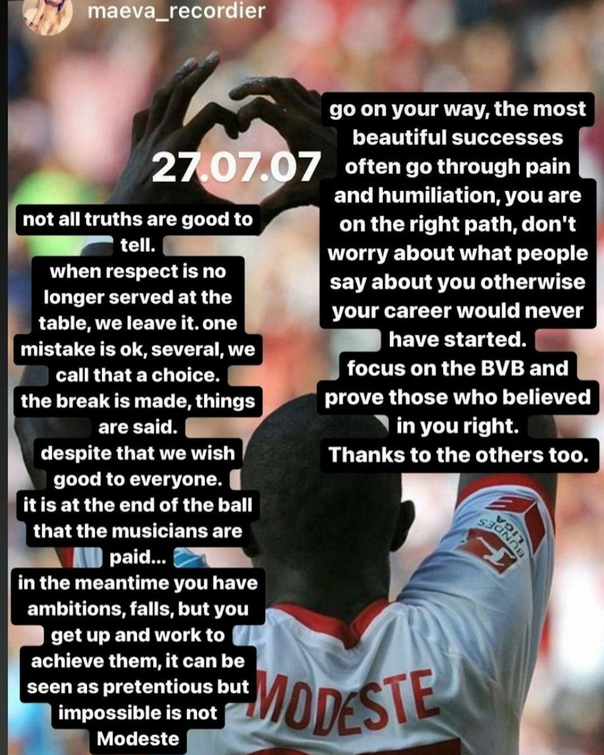 Diese Worte schrieb Anthony Modestes Frau nach Maeva nach Davie Selkes FC-Wechsel.