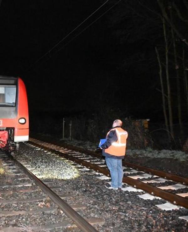 Ein Regionalexpress, der zuvor mit zwei Pferden zusammenstieß, steht in Pulheim auf den Gleisen.