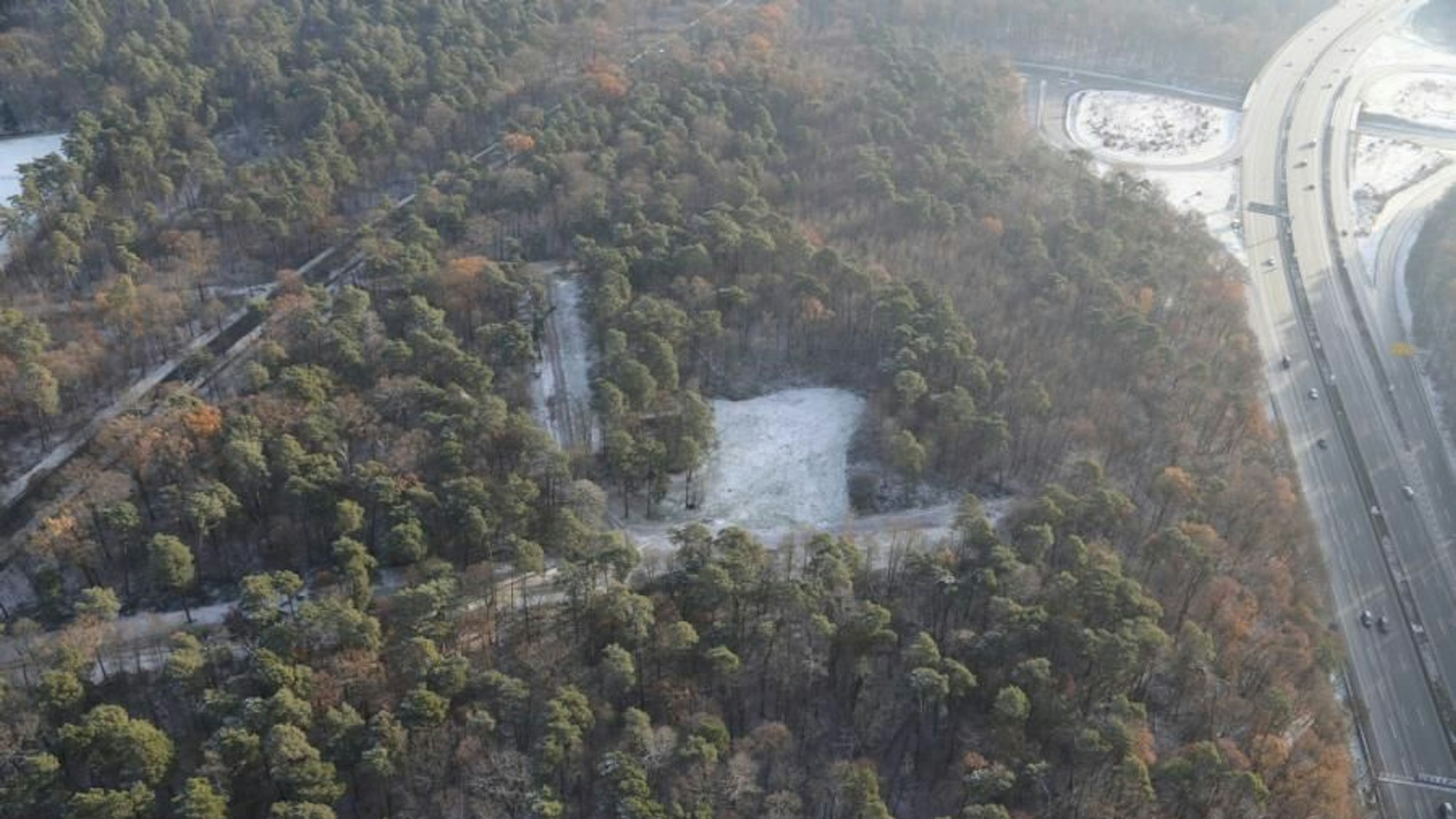 Ein Waldstück wurde aus der Luft aufgenommen, rechter Hand verläuft eine Autobahn.