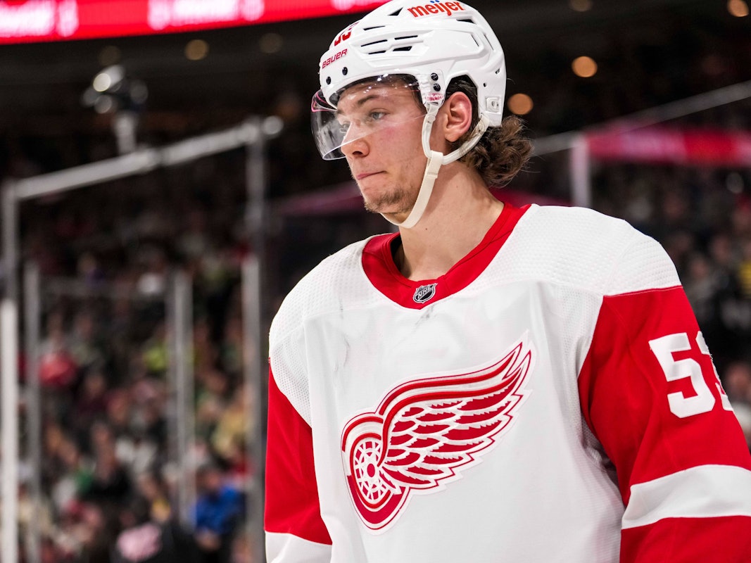 Moritz Seider steht im Spiel bei den Minnesota Wild enttäuscht auf dem Eis.