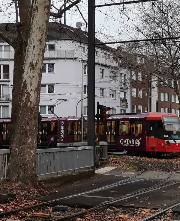 Auf einer KVB-Bahn prangt das Logo der katarischen Fluggesellschaft Qatar Airways.
