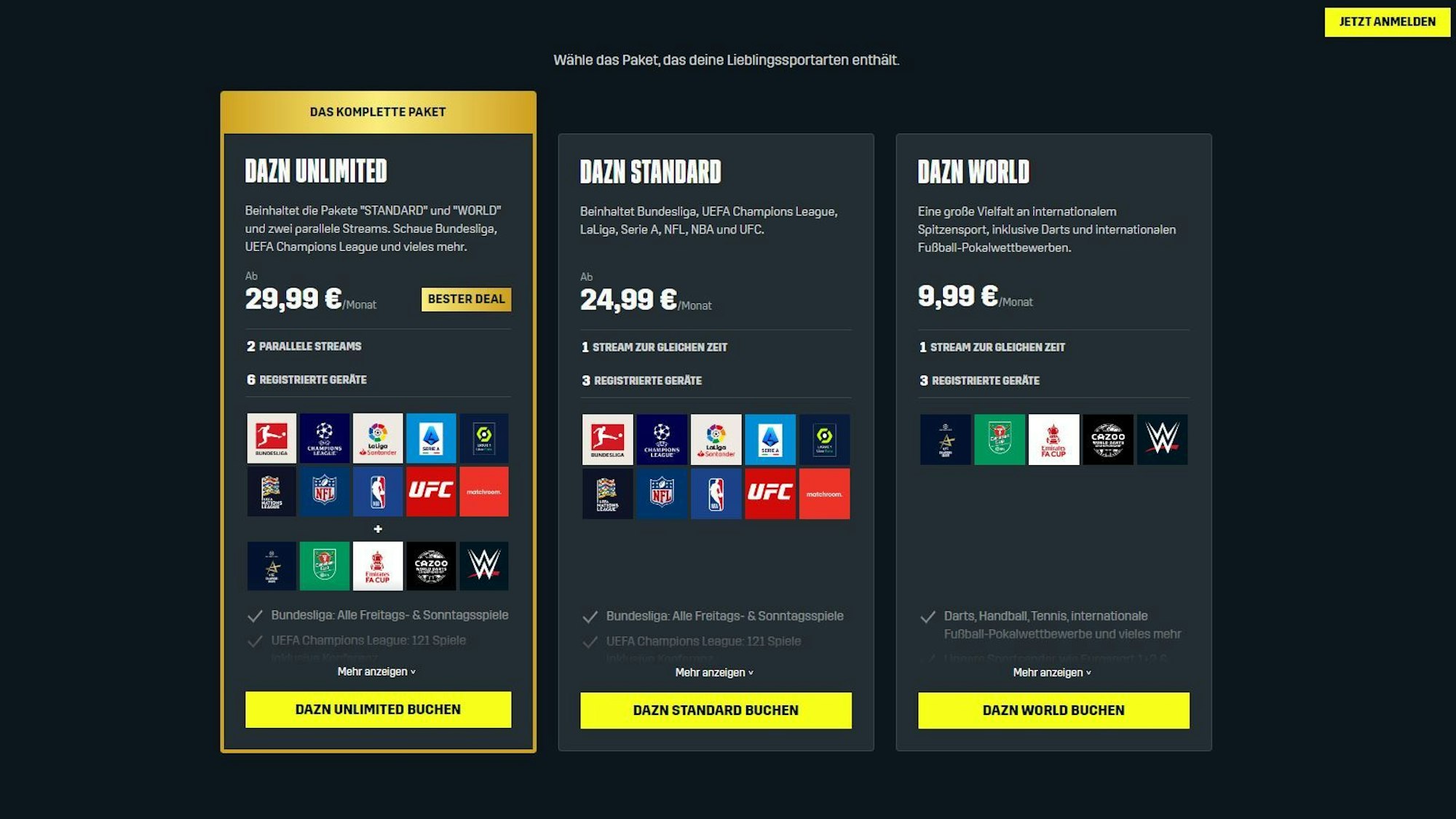 DAZN bietet seit dem 10. Januar 2023 verschiedene Pakete bei der Abo-Buchung an. Screenshot der Übersichts-Seite.