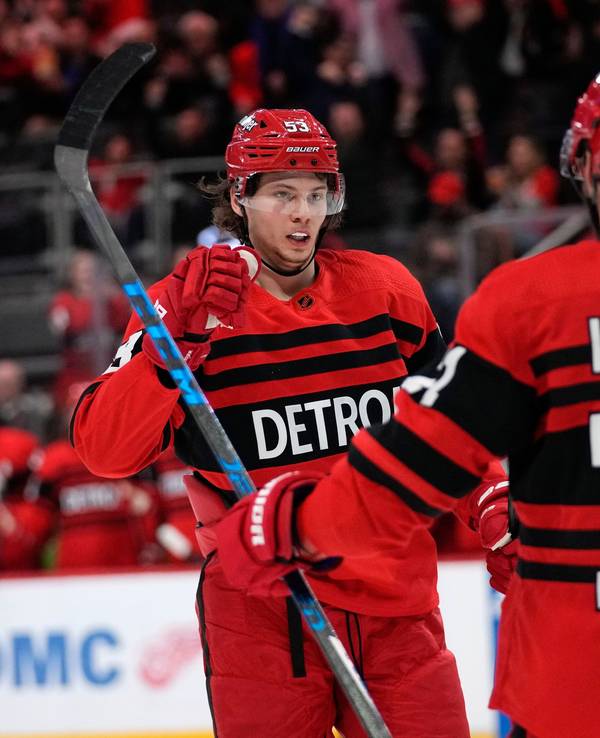 Detroits Moritz Seider (l.) klatscht sich mit Torschütze Dylan Larkin ab.
