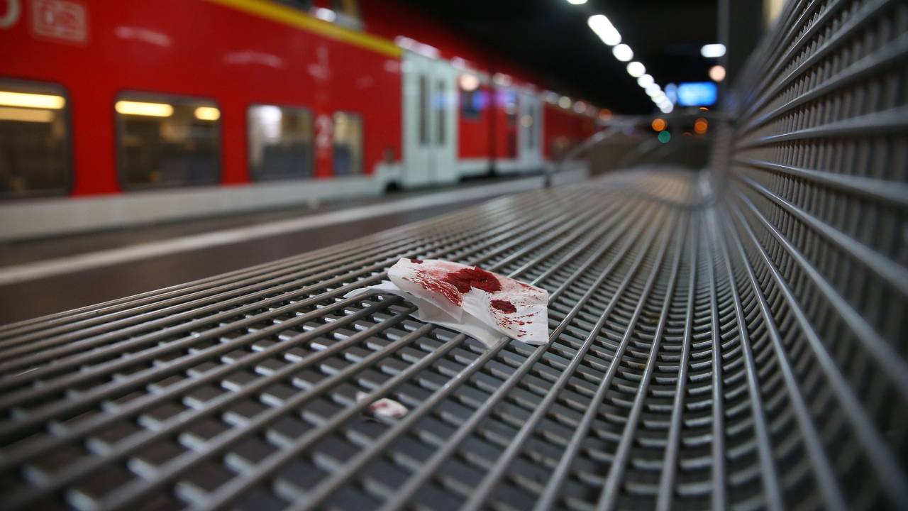 Blutverschmiertes Verbandsmaterial liegt auf einer Sitzbank im Düsseldorfer Hauptbahnhof.