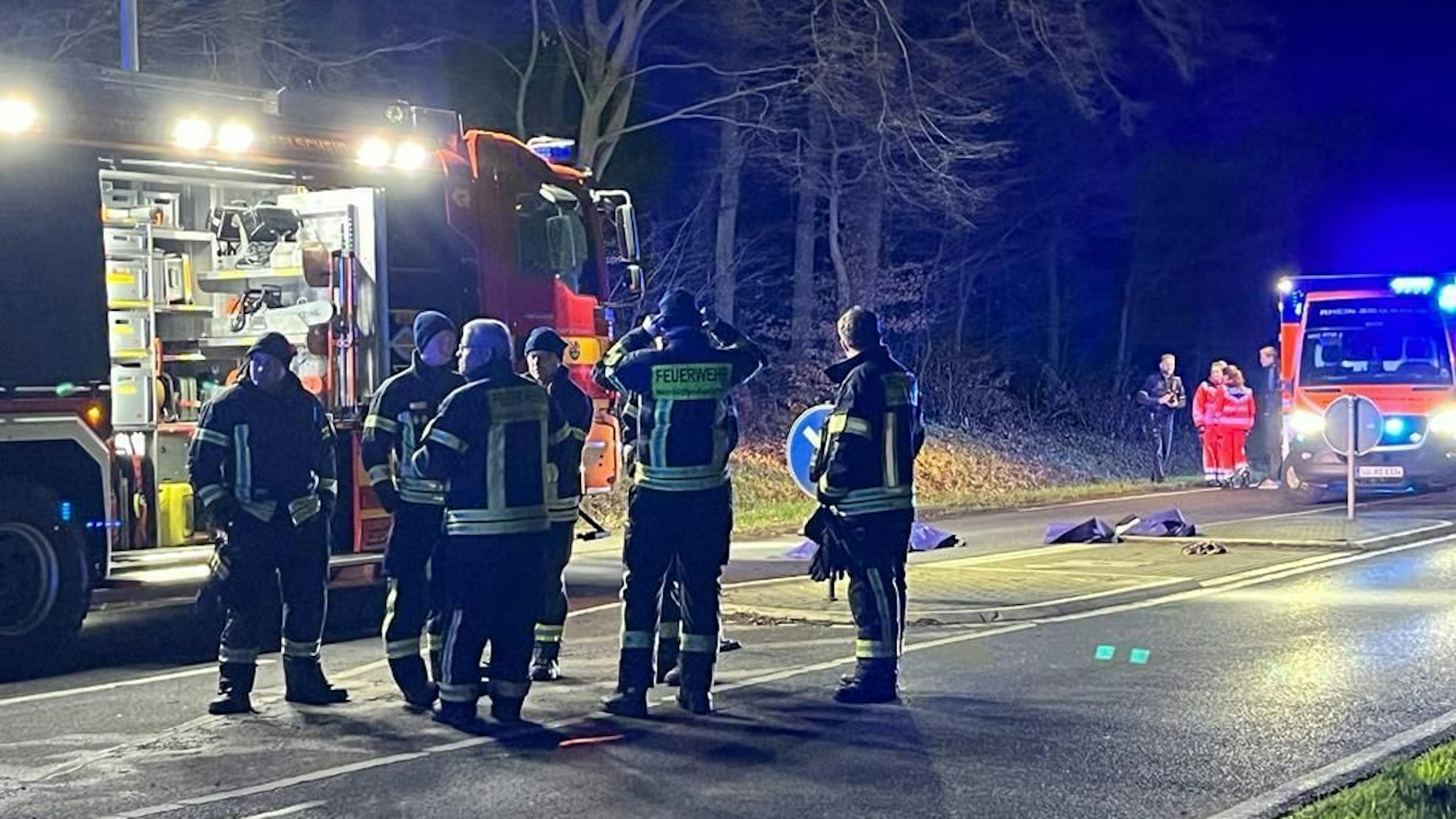 Einsatzkräfte stehen auf der Straße nahe der Querungshilfe, wo eine Frau von einem Auto erfasst worden war.