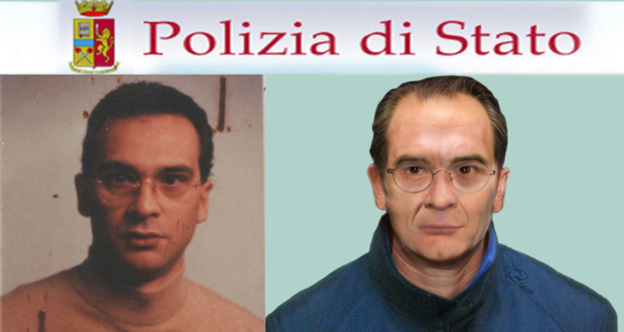 Ein damaliges Fahndungsfoto und ein Phantombild der italienischen Polizei auf Sizilien zeigt den seit 30 Jahren flüchtigen Cosa Nostra-Chef Matteo Denaro.