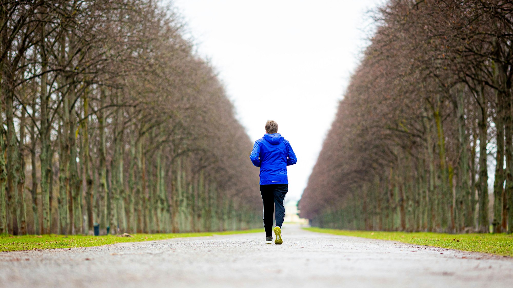 Ein Jogger läuft bei trübem Wetter durch die Herrenhäuser Allee.