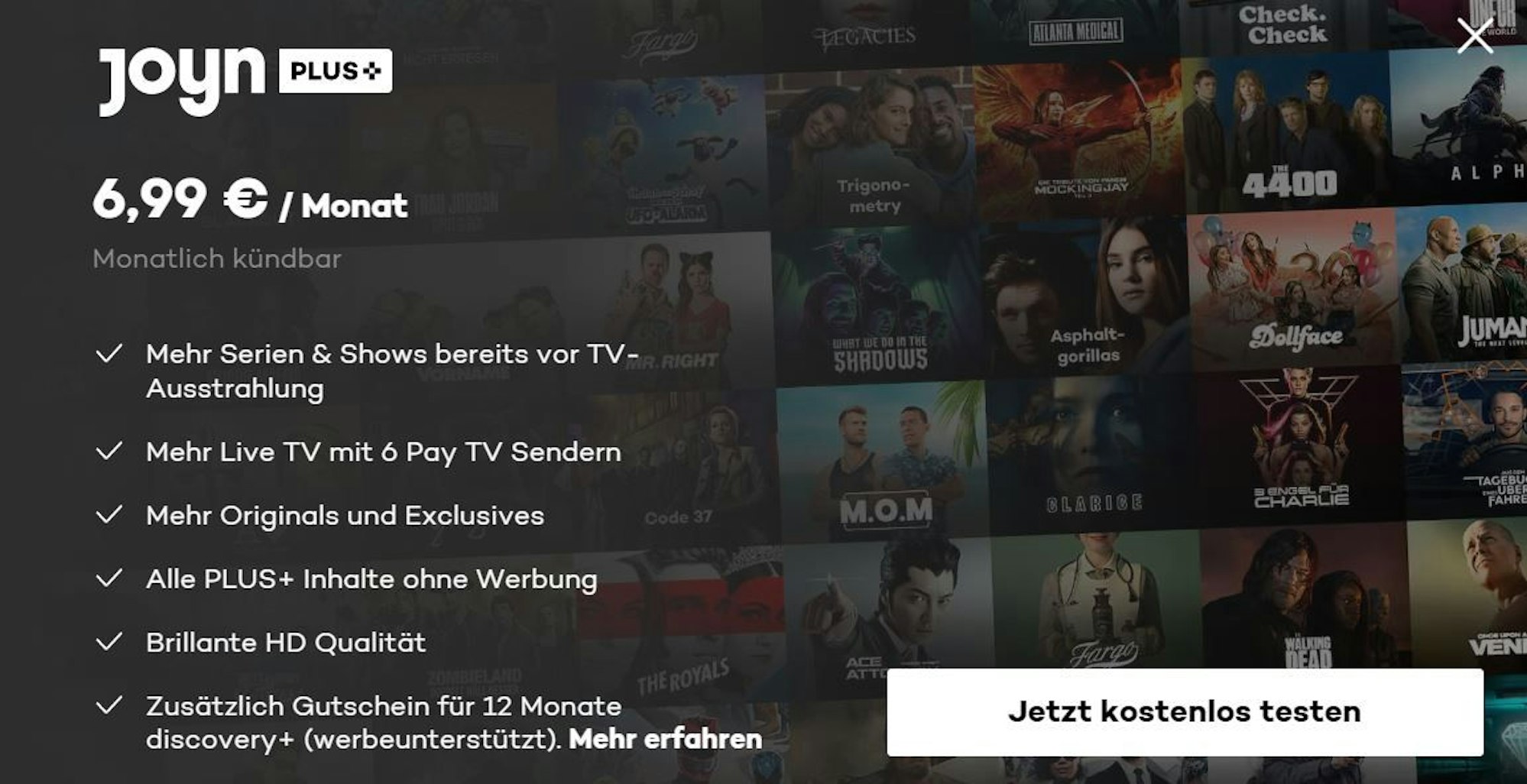 Auf dem Bild sind die Konditionen einer Joyn+ Mitgliedschaft aufgeführt.