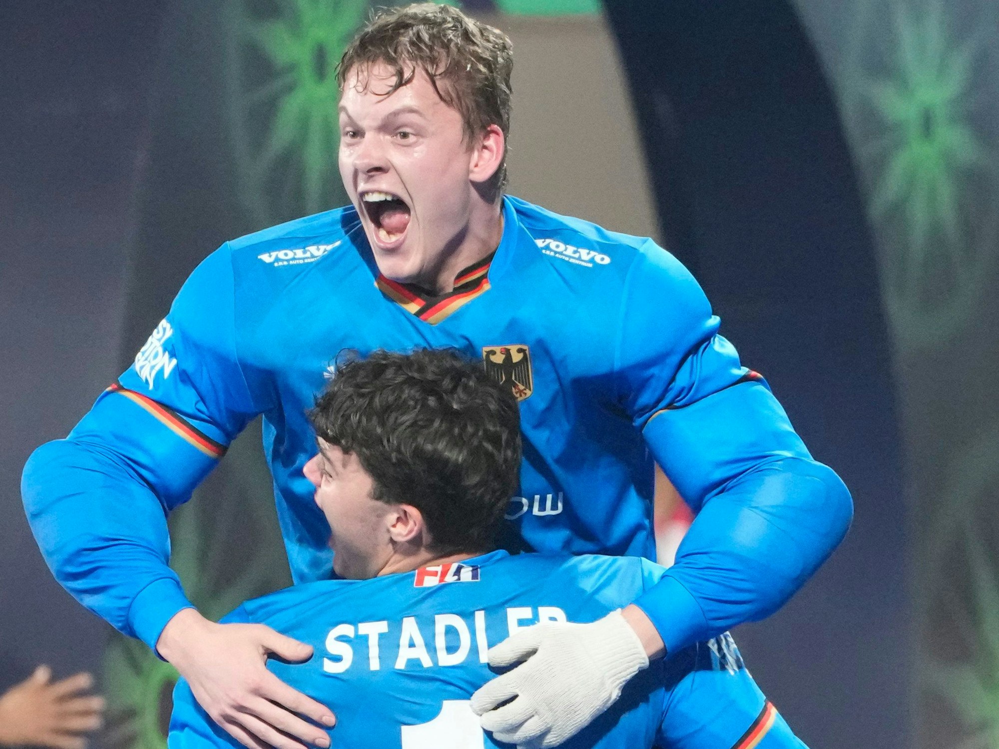 Torhüter Jean-Paul Danneberg von Rot-Weiss Köln feiert am 29. Januar 2023 den WM-Sieg über Belgien.