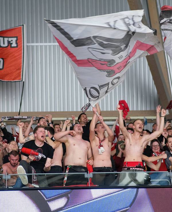 Fans feiern den Sieg der Kölner Haie im DEL-Spiel bei Adler Mannheim.