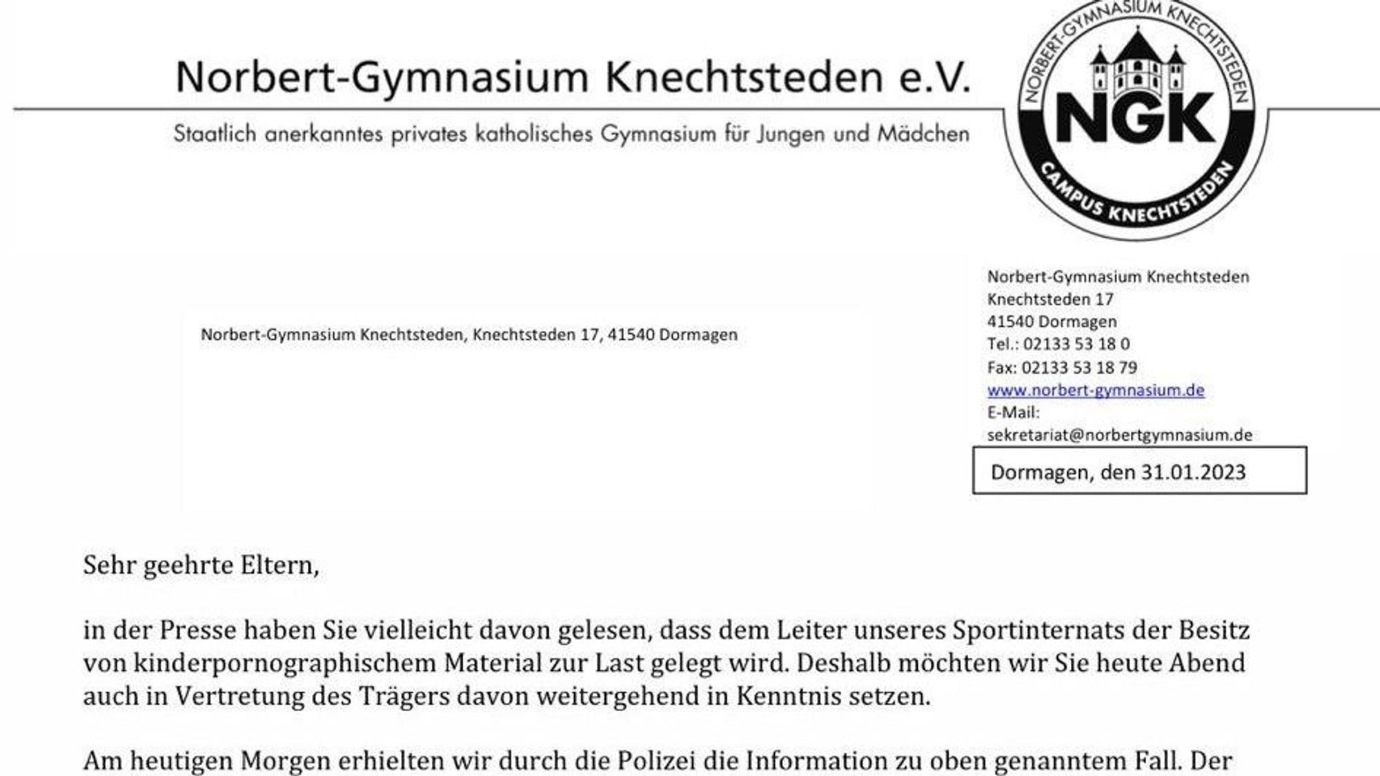 Brief des Norbert-Gymnasiums Knechtsteden in Dormagen.