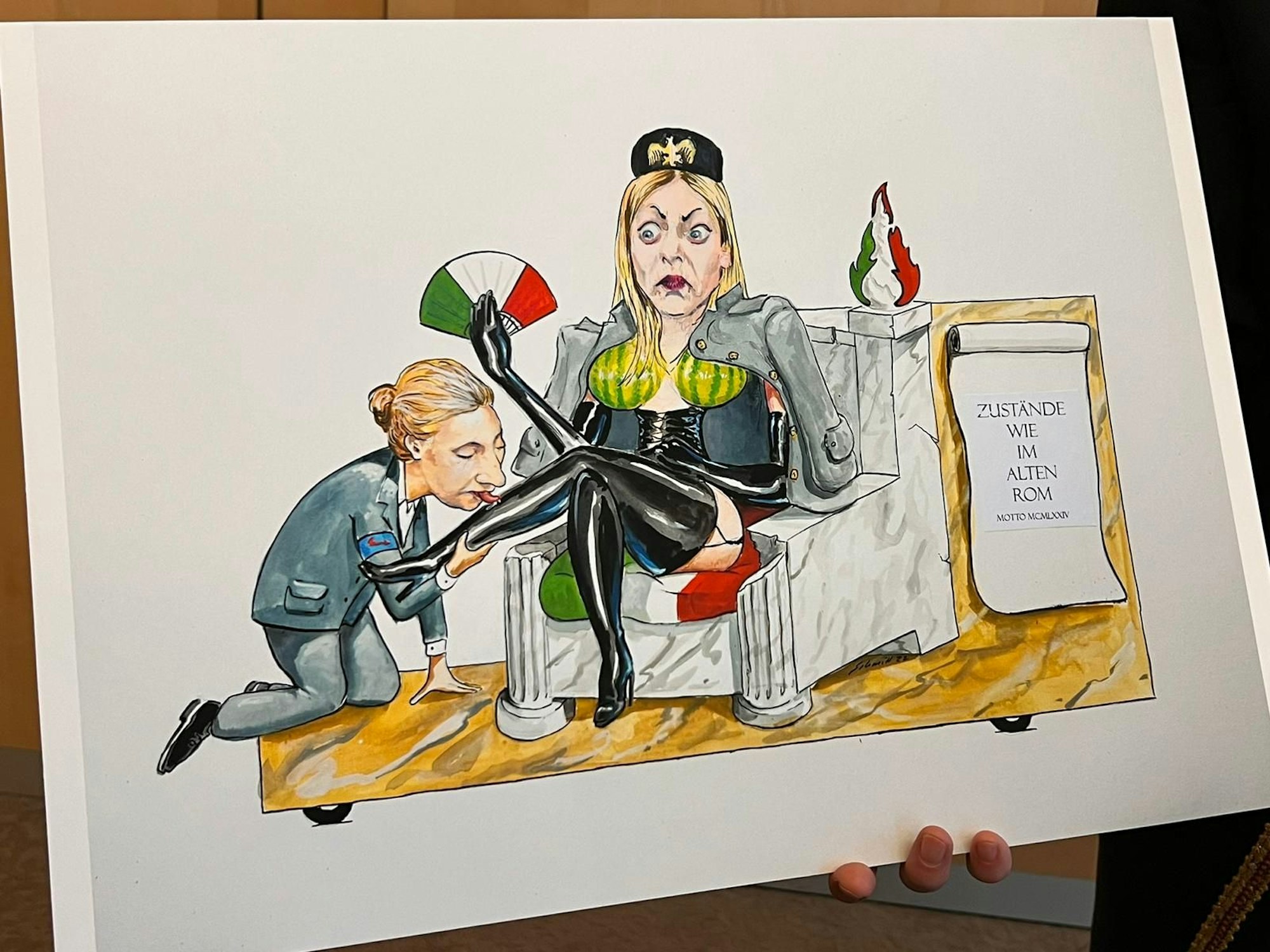 Entwurf eines Persiflage-Wagens am Rosenmontagszug in Köln.