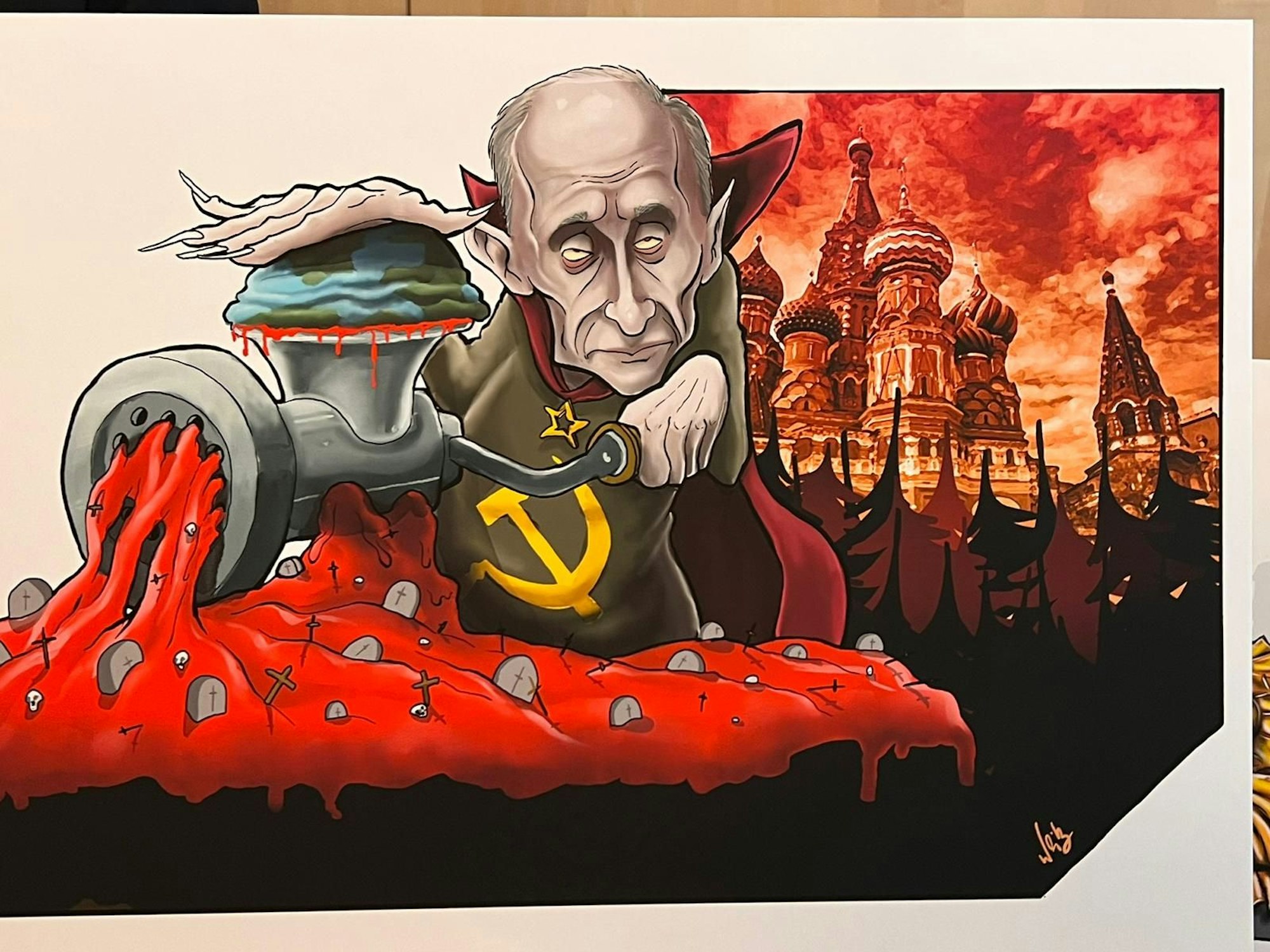 Entwurf eines Persiflage-Wagens, der Wladimir Putin zeigt.