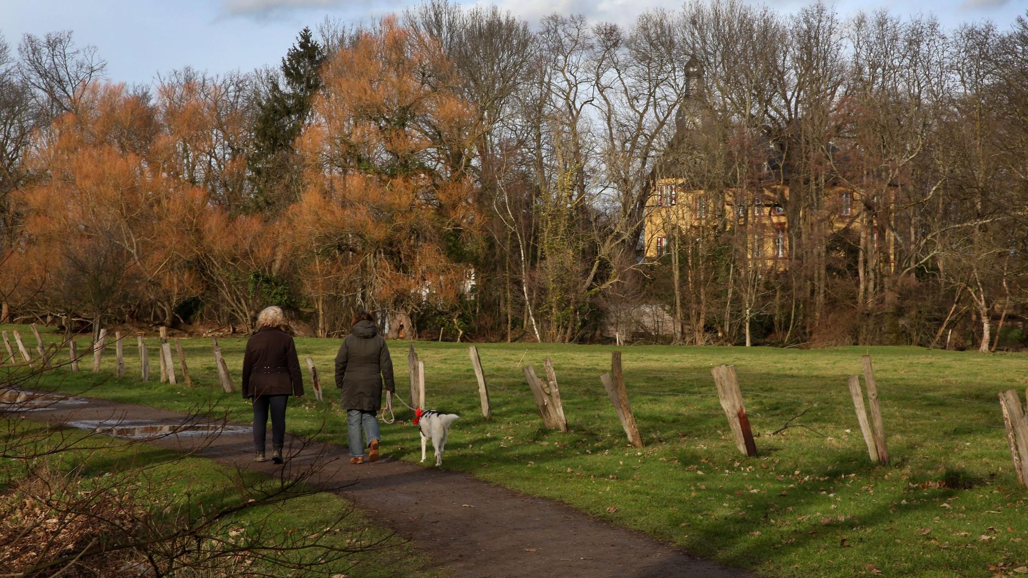 Zwei Menschen gehen mit einem Hund an einer Grünfläche vor einer Burg entlang.