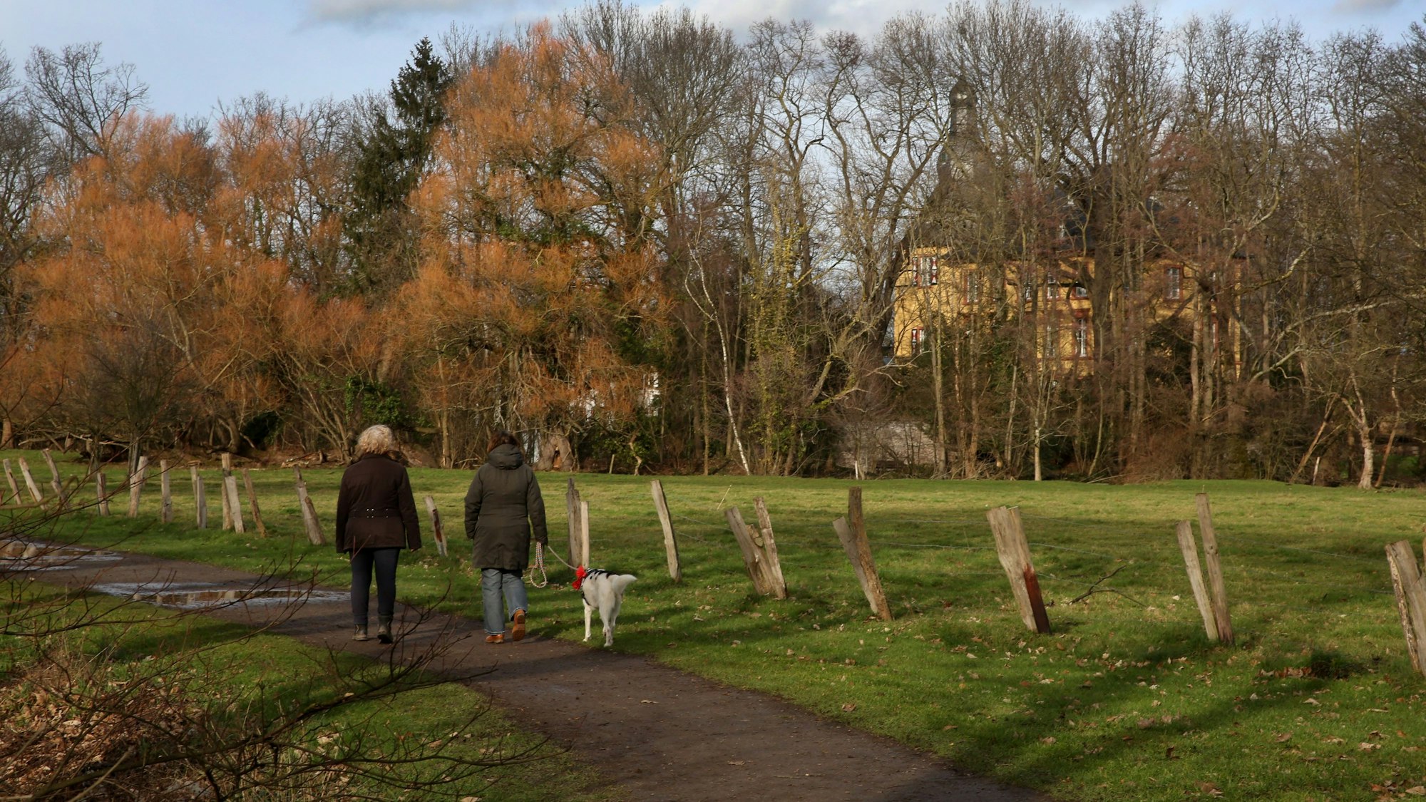 Zwei Menschen gehen mit einem Hund an einer Grünfläche vor einer Burg entlang.