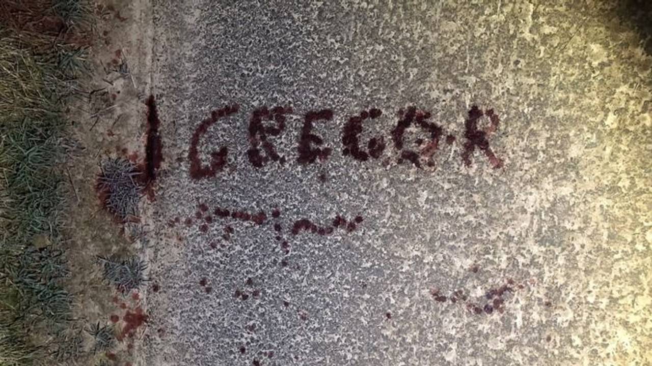 „Gregor“ in riesigen Lettern mit Blut geschrieben. Das Foto wurde aus der Luft aufgenommen, es zeigt den Feldweg in Bad Driburg in NRW.