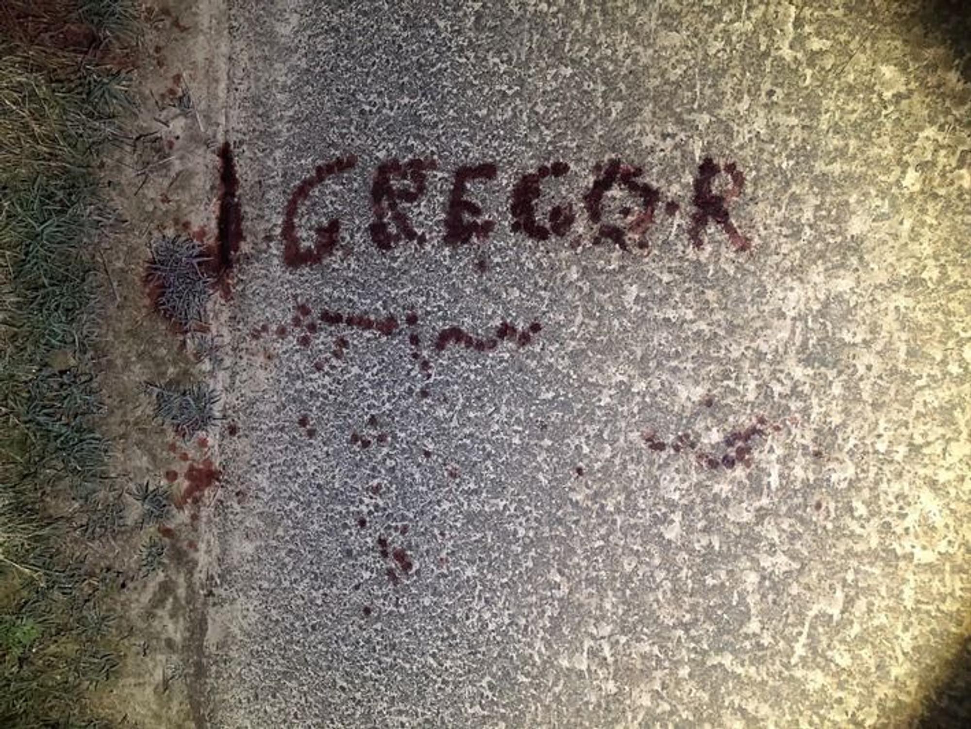 „Gregor“ in riesigen Lettern mit Blut geschrieben. Das Foto wurde aus der Luft aufgenommen, es zeigt den Feldweg in Bad Driburg in NRW.