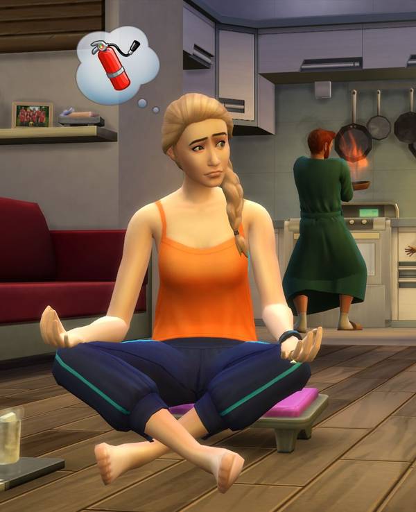 Das Symbolfoto aus dem Jahr 2021 zeigt eine Szene aus dem Spiel „Sims“. Zu sehen ist ein weiblicher Charakter, der in Yogahaltung auf dem Boden sitzt. Im Hintergrund stehen zwei weitere Sims am Herd.