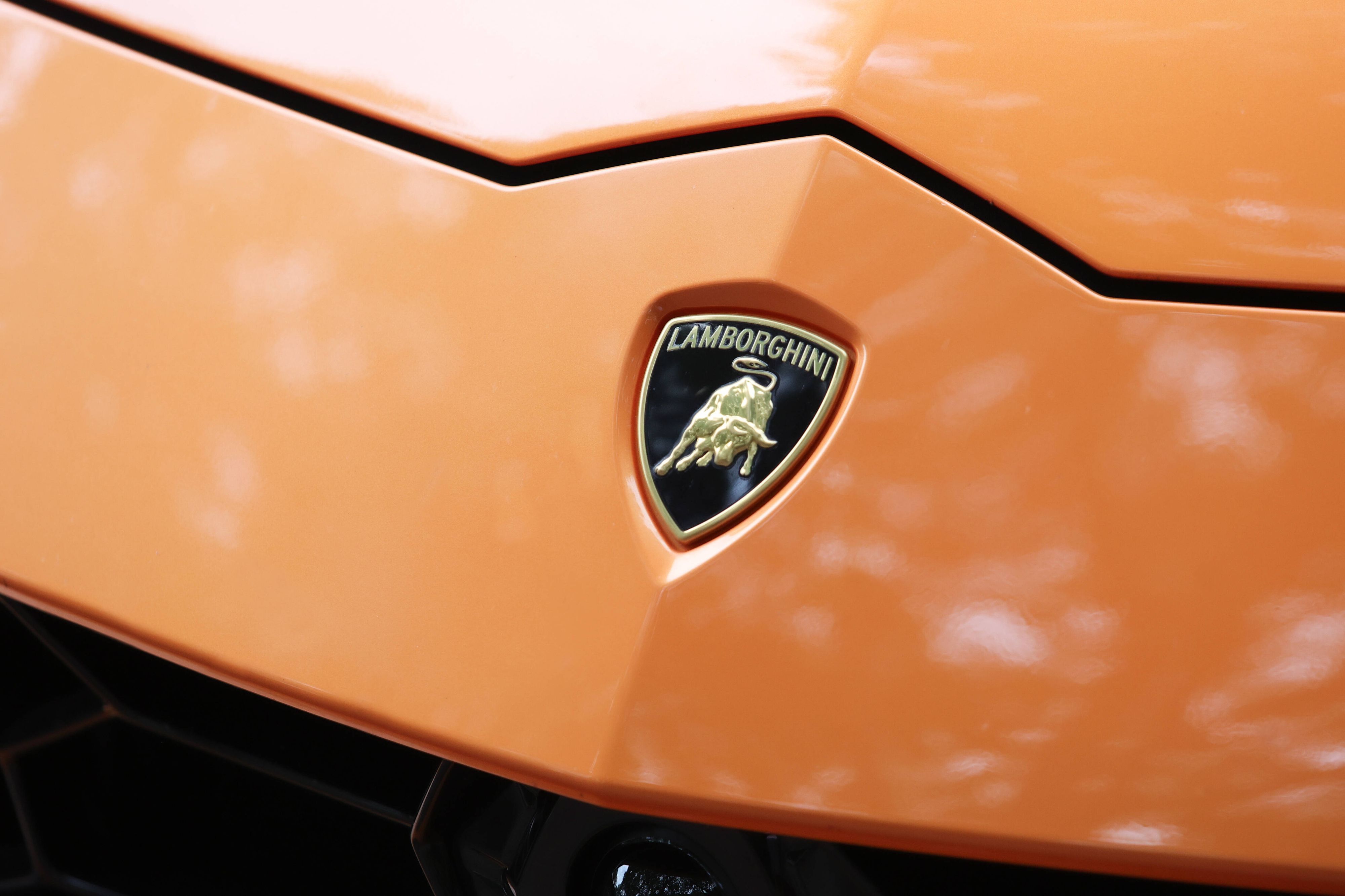 Das Lamborghini-Logo auf der Motorhaube eines Sportwagens des italienischen Autoherstellers.