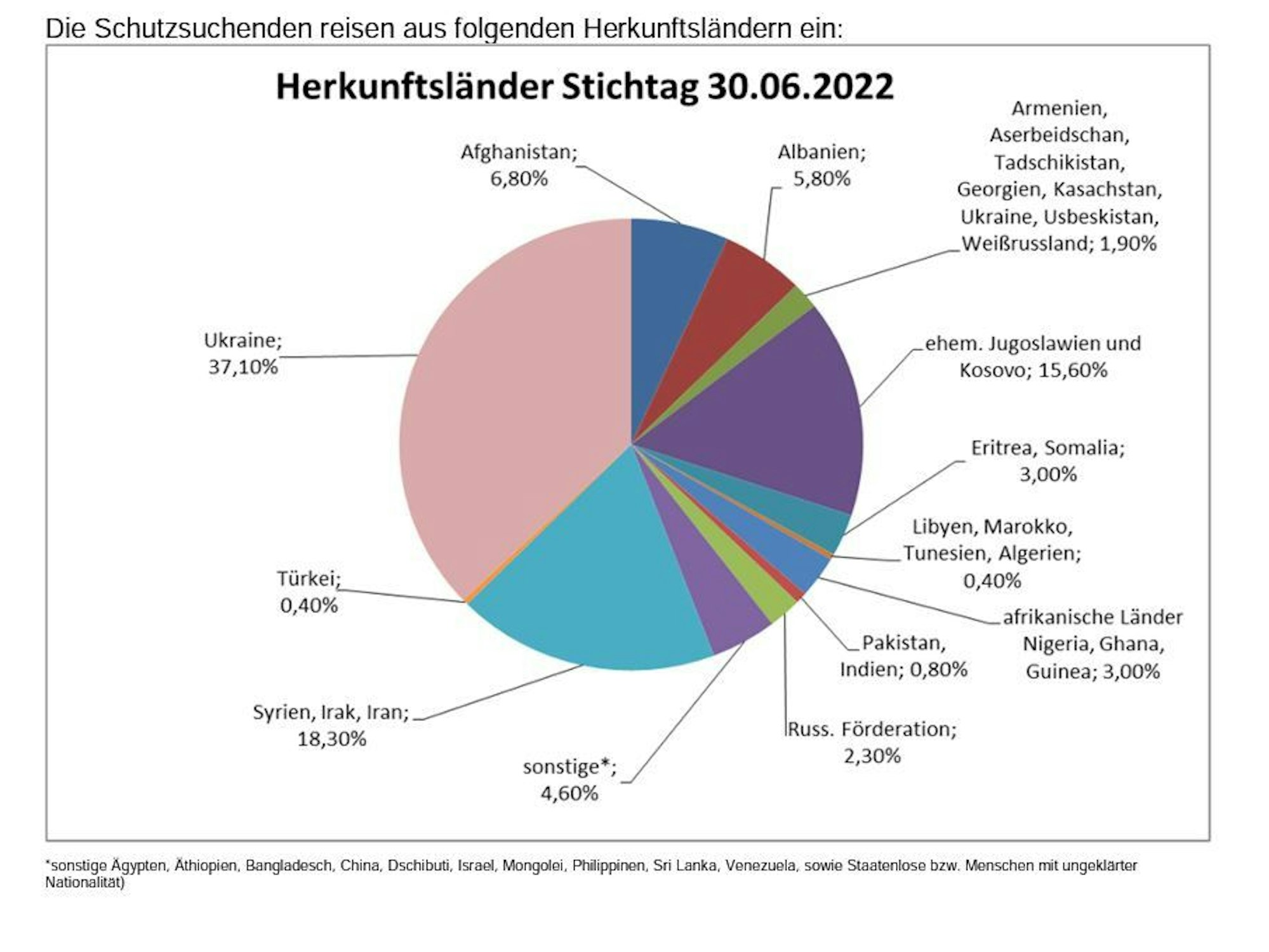 Ein Kuchendiagramm mit Herkunftsländern von Geflüchteten.