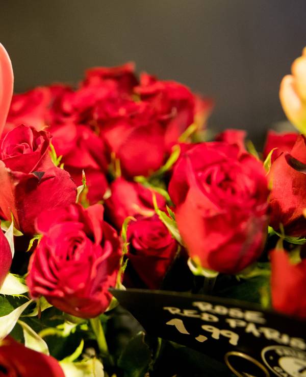 Ein rotes Herz in einem Strauß roter Rosen.
