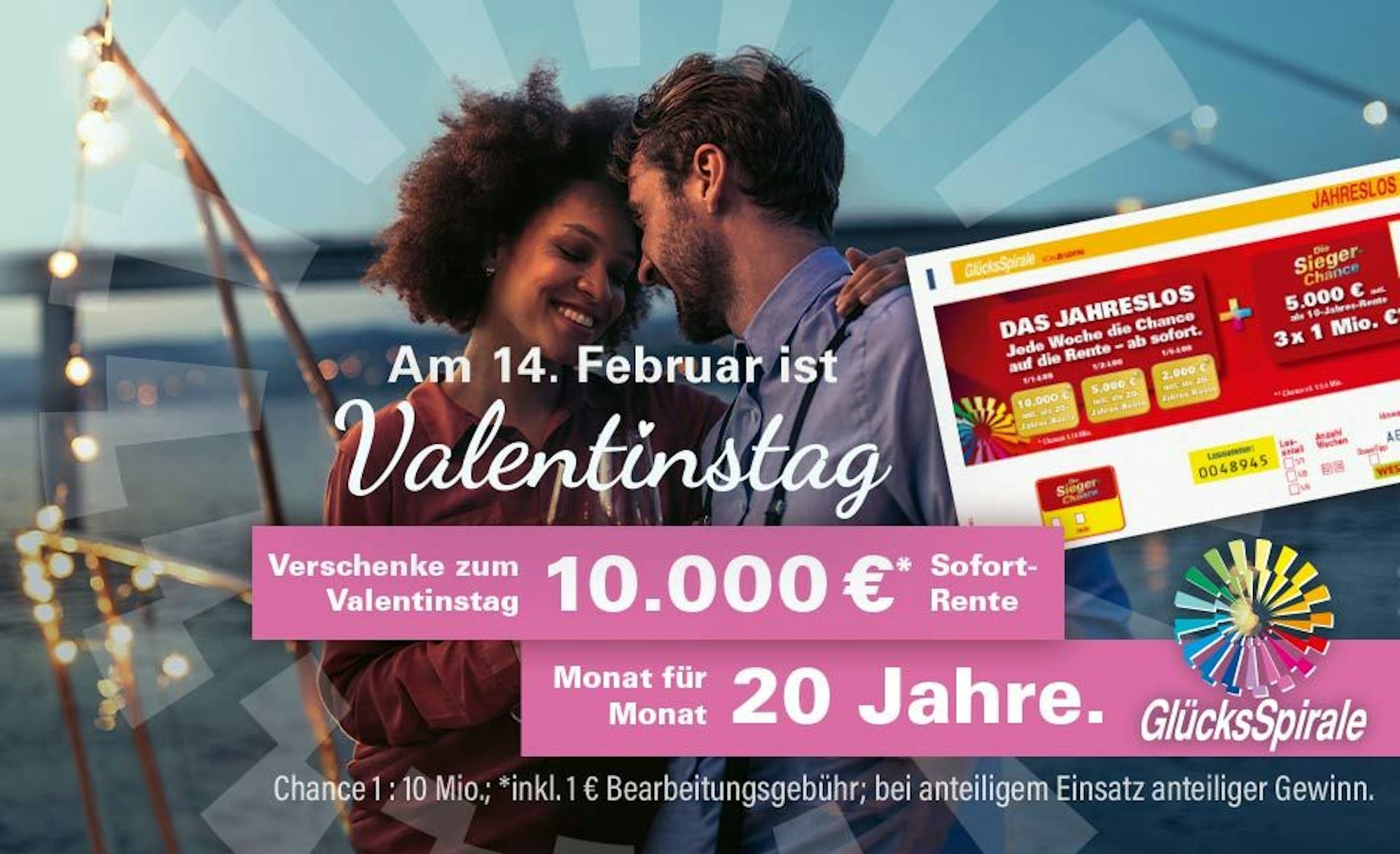 Bild mit einem verliebten Pärchen und Glücksspirale-Los zum Valentinstag.
