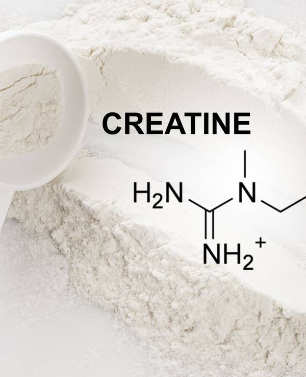 Closeup of scoop with creatine monohydrate supplement and chemical formula