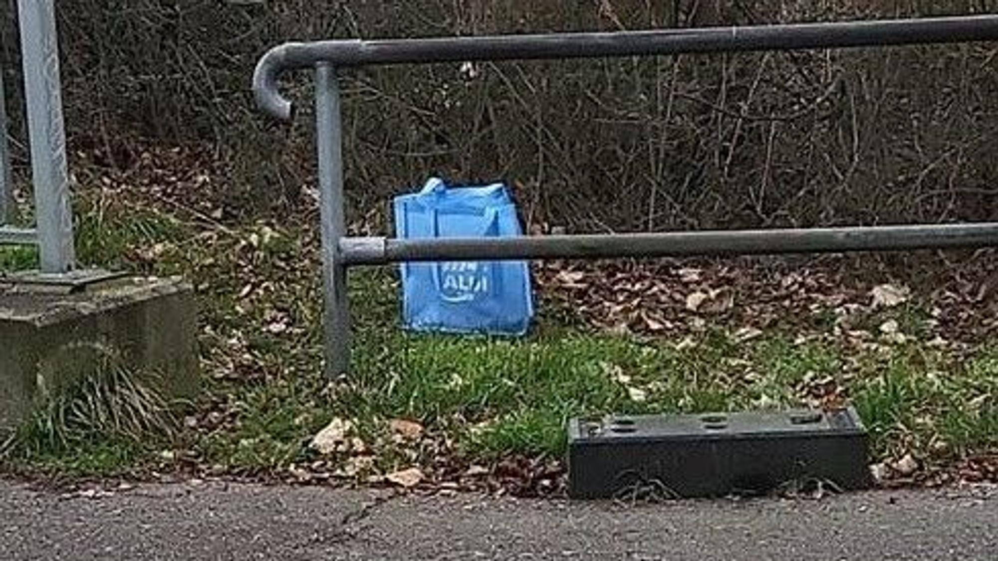 Eine Einkaufstasche mit dem Namen eines Discounters steht am Wegesrand.