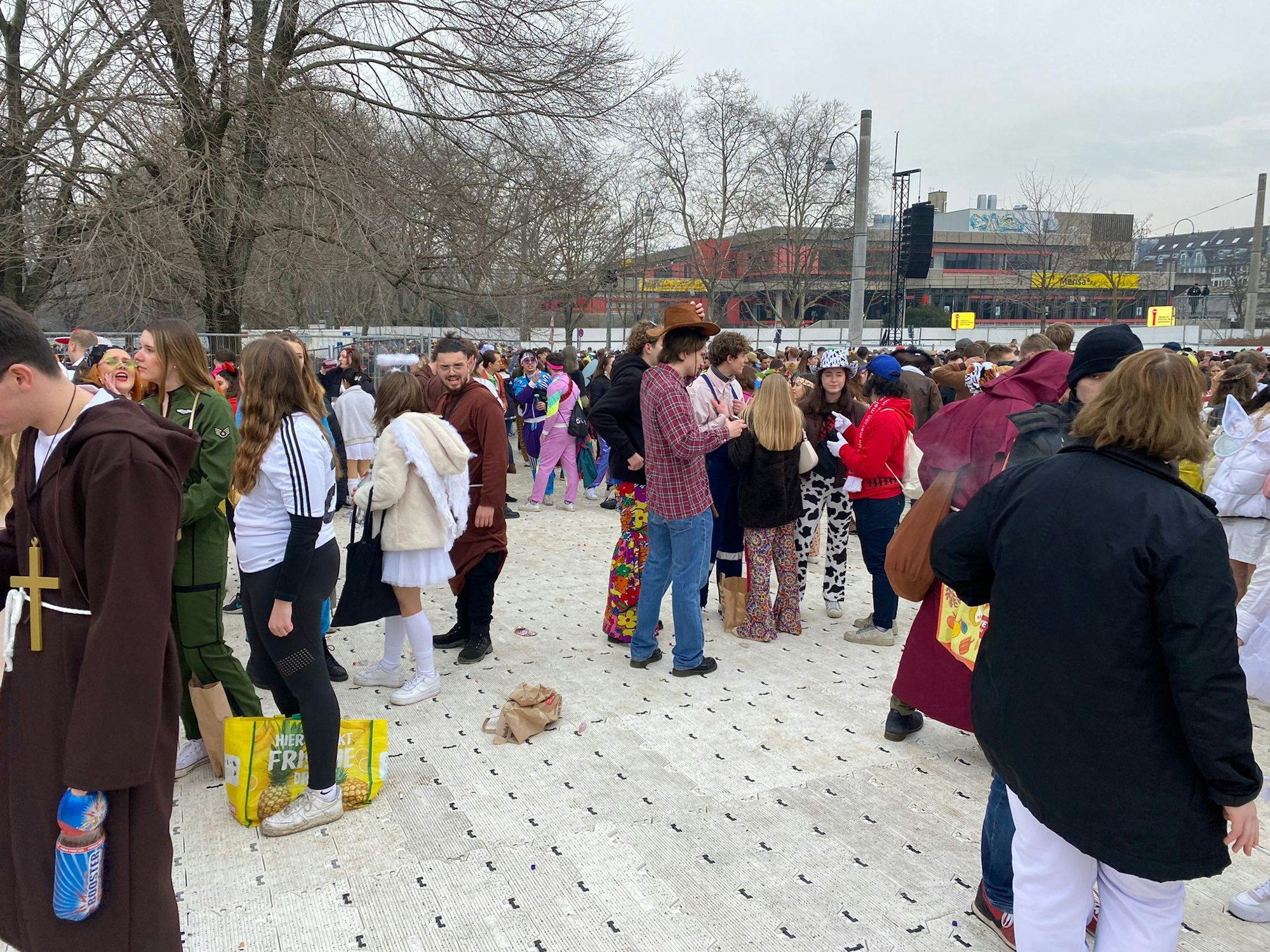 Menschen feiern Karneval auf den abgedeckten Uniwiesen.