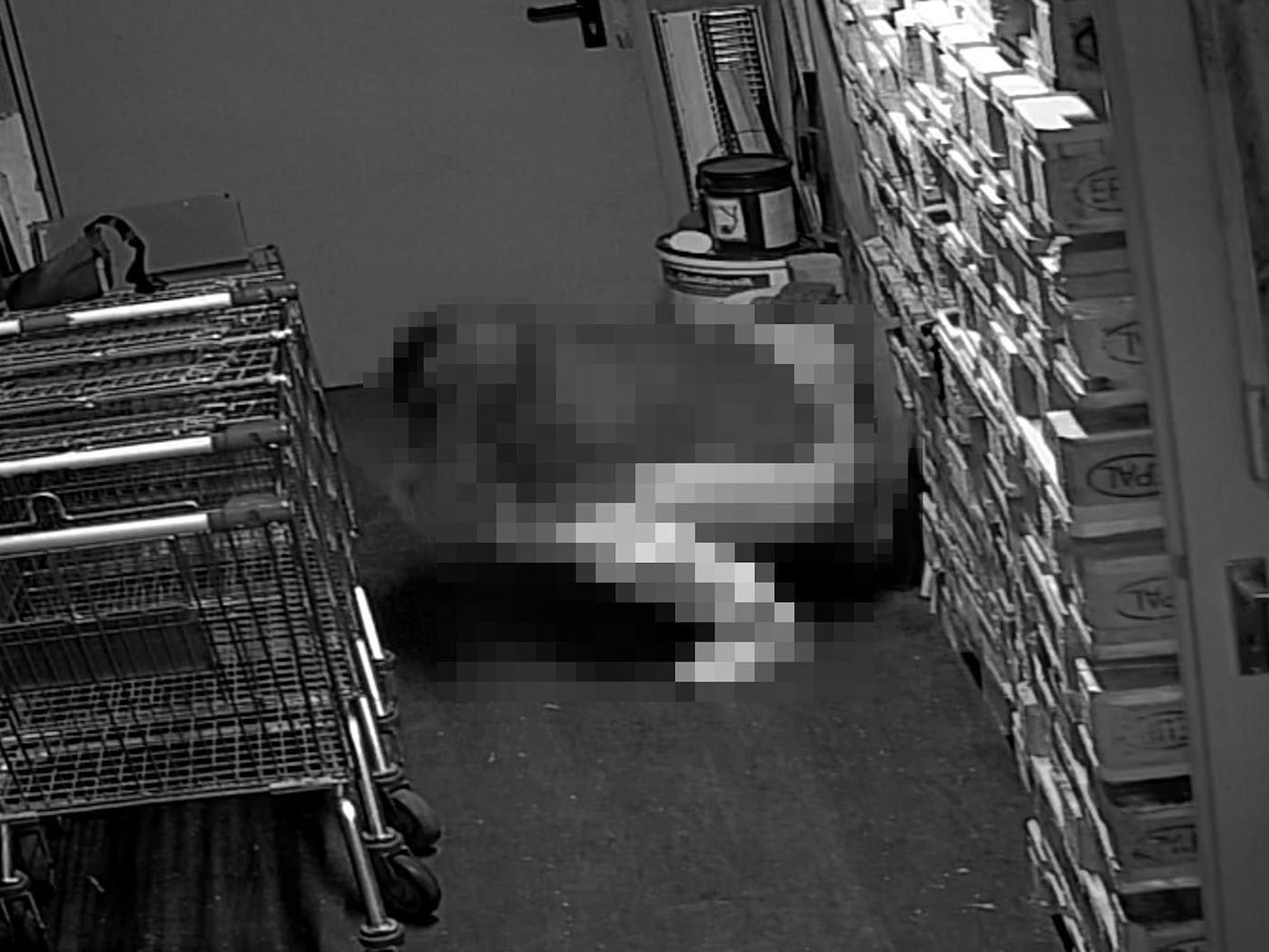 Eine Frau erleichtert sich in der Tiefgarage des Asia Supermarktes. Links befinden sich Einkaufswagen, rechts stehen leere Holzpaletten.