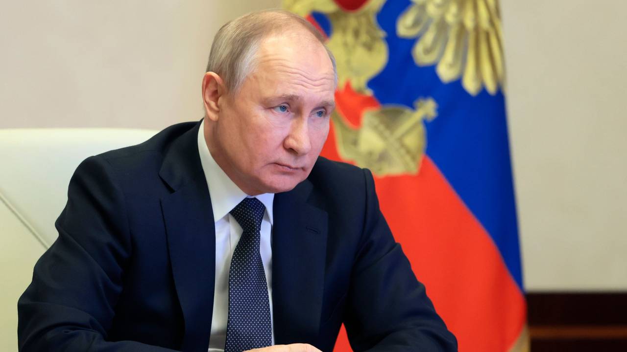 Russian President Vladimir Putin attends an event marking the 30th anniversary of the national energy giant Gazprom, via a video conference at the Novo-Ogaryovo state residence, outside Moscow, Russia, Friday, Feb. 17, 2023. (Mikhail Metzel, Sputnik, Kremlin Pool Photo via AP)
