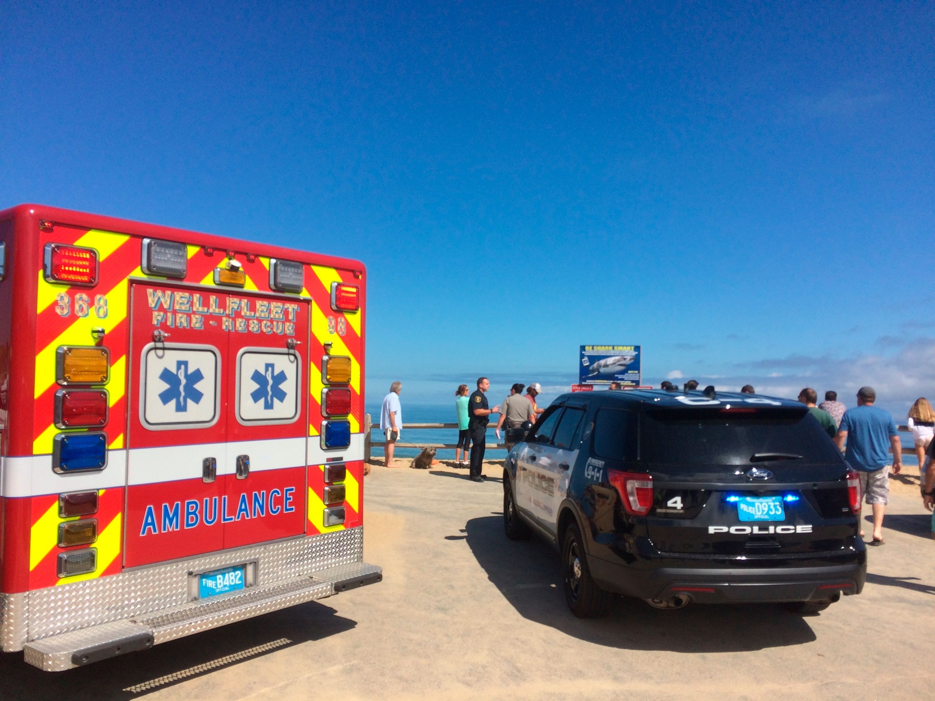 Rettungskräfte sind nach einer Hai-Attacke am Newcomb Hollow Beach bei Wellfleet zu sehen.