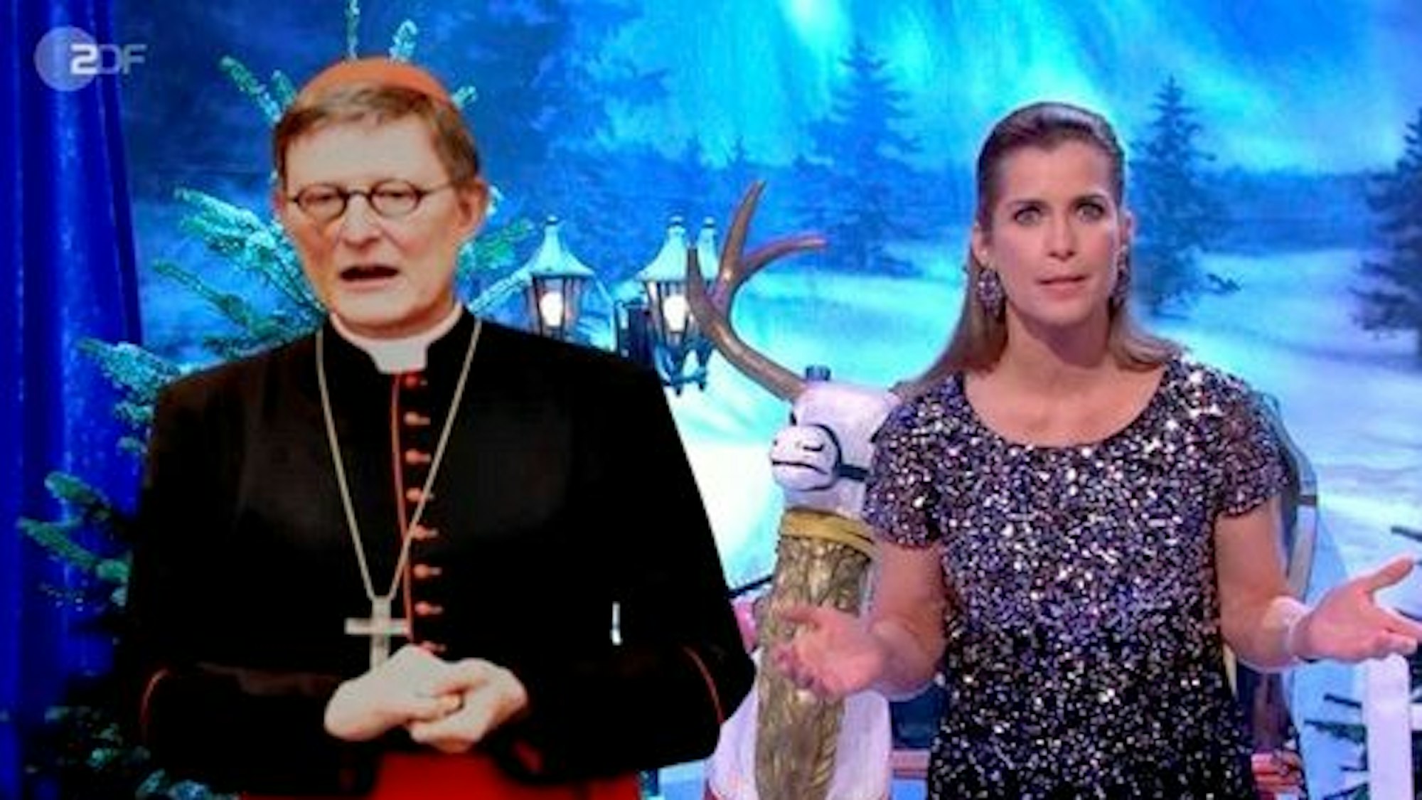 Schauspielerin Valerie Niehaus mit einem Einspieler von Kardinal Woelki in der heute show im ZDF