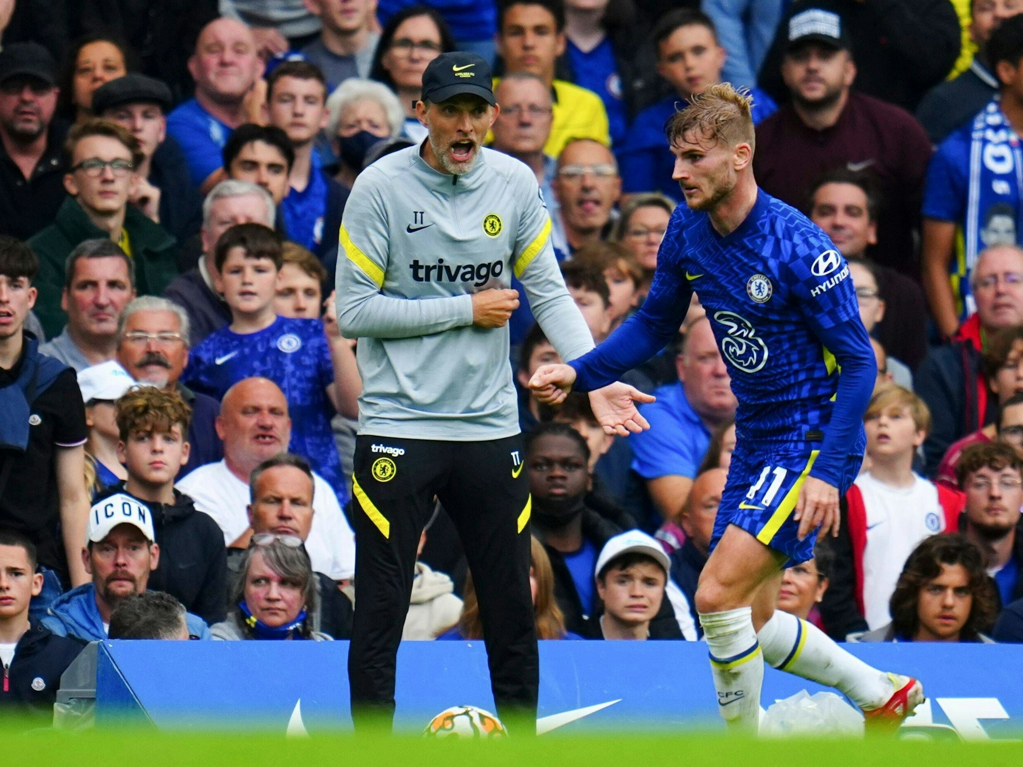 Trainer Thomas Tuchel schreit Timo Werner beim FC Chelsea an.