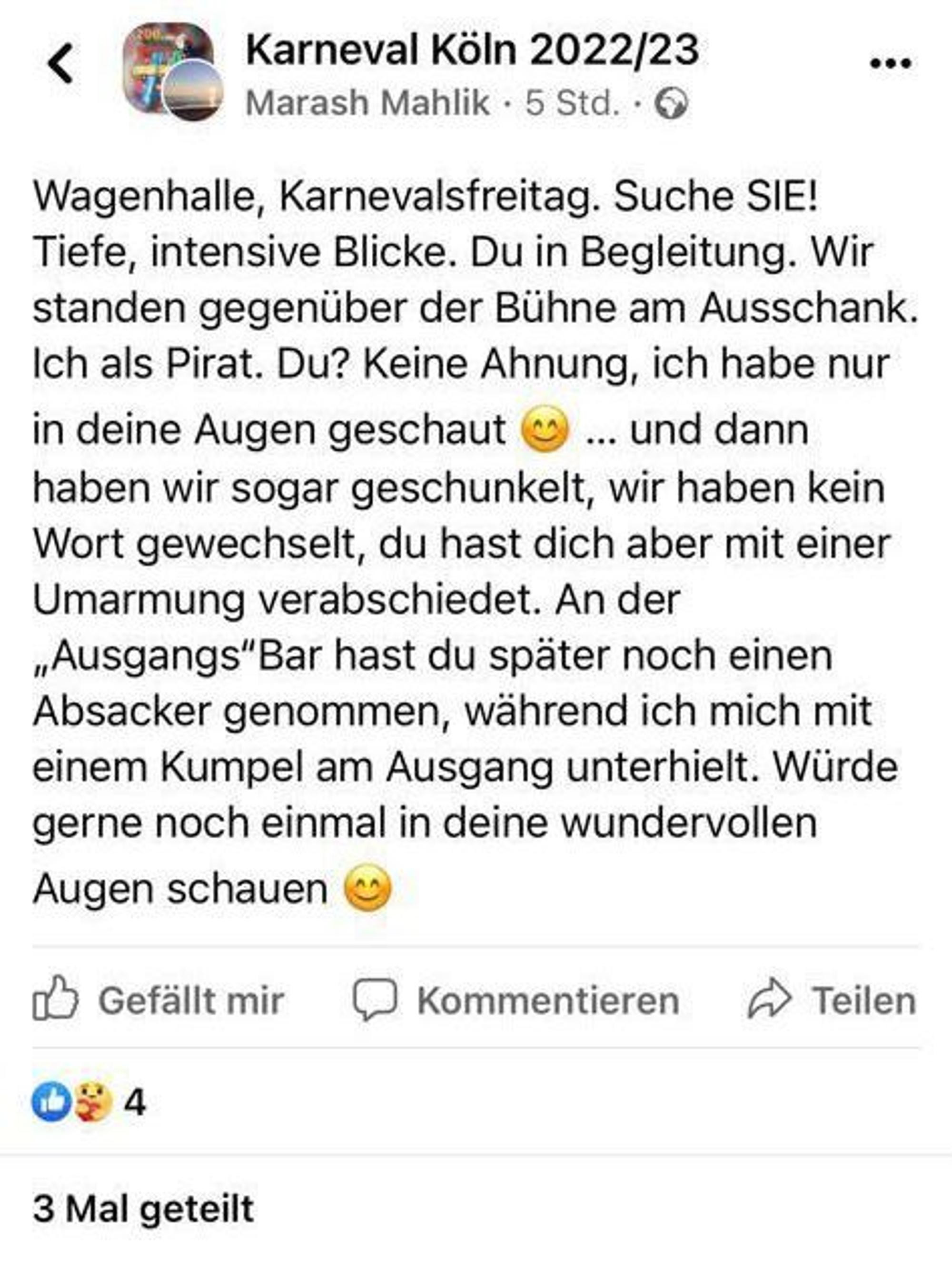 Facebook-Beitrag, in dem ein Kölner seinen Karnevals-Flirt sucht.
