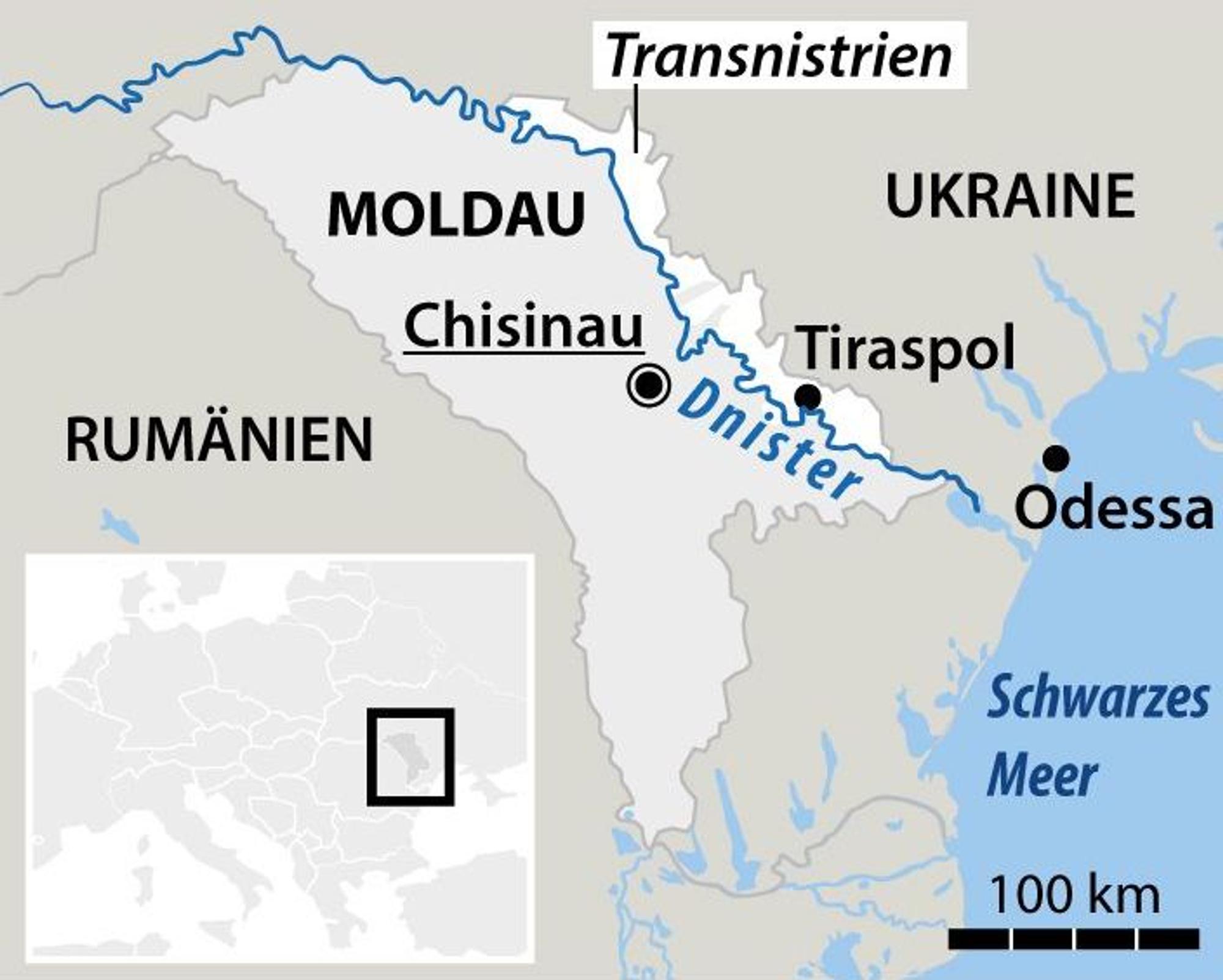 Blick auf Moldau mit seiner Hauptstadt Chisinau und die abtrünnige prorussische Region Transnistrien mit Tiraspol, der Hauptstadt des De-facto-Regimes.