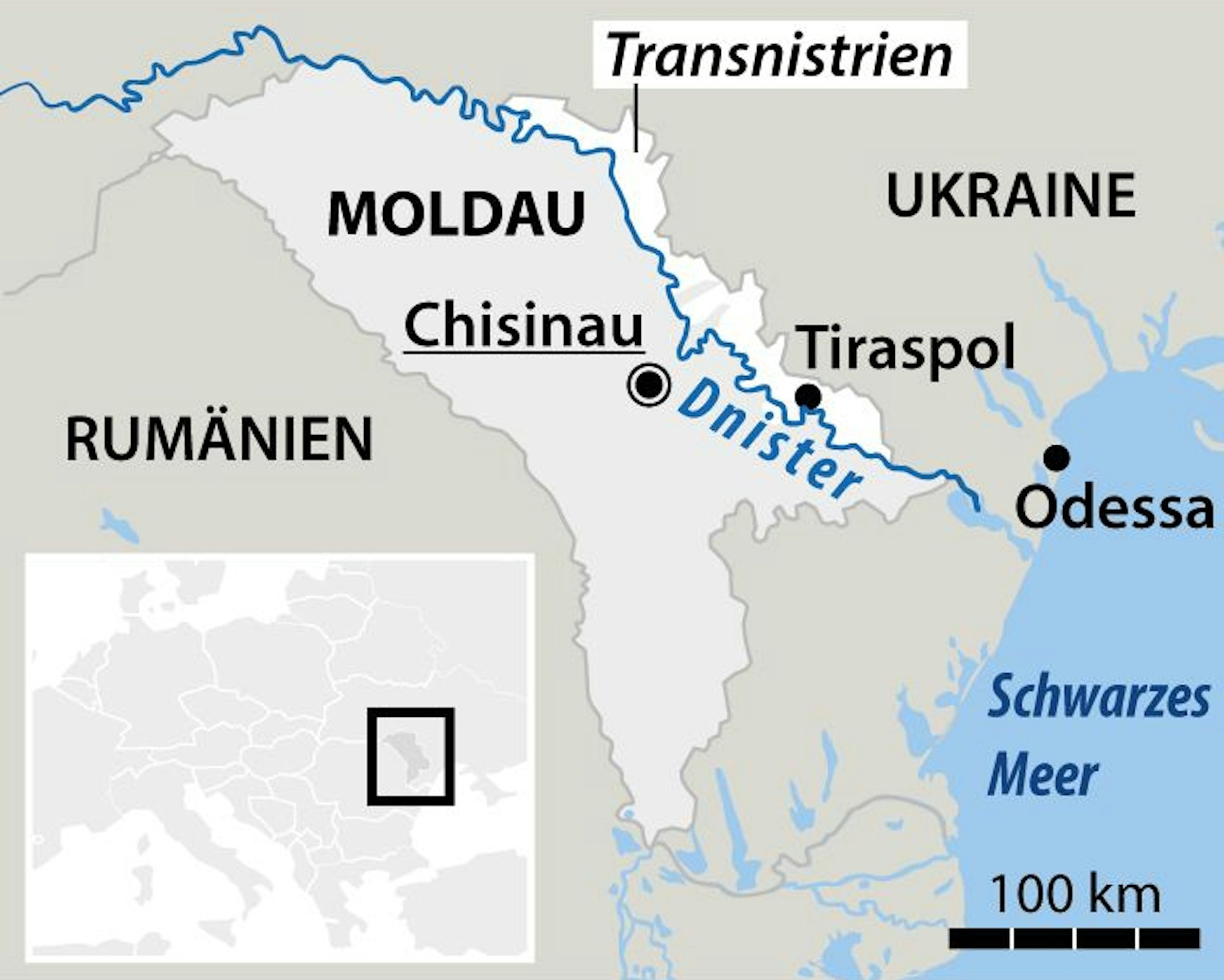 Blick auf Moldau mit seiner Hauptstadt Chisinau und die abtrünnige prorussische Region Transnistrien mit Tiraspol, der Hauptstadt des De-facto-Regimes.