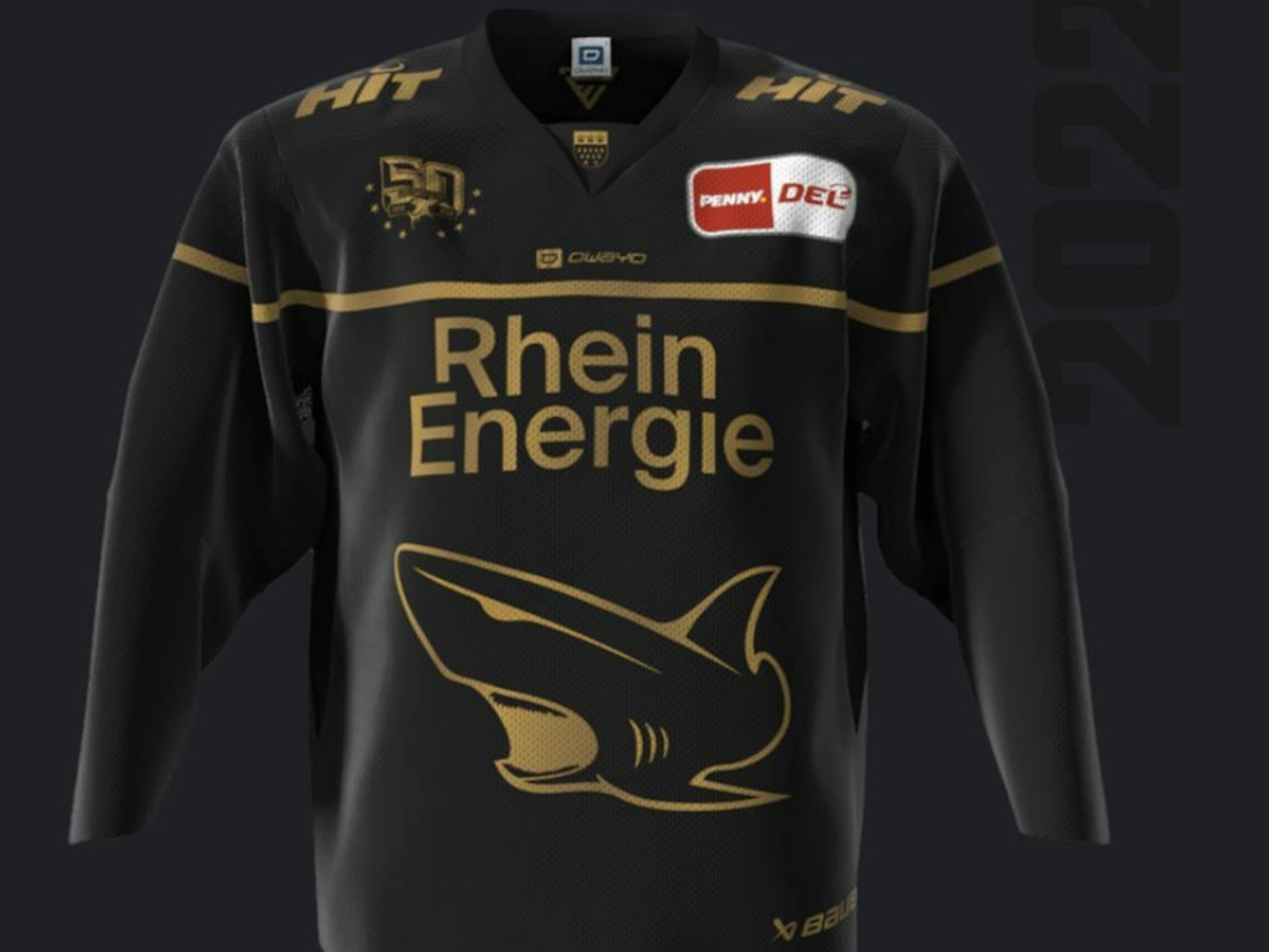 Das Jubiläumstrikot der Kölner Haie zum 50. Geburtstag in der Saison 2022/23 mit Ur-Hai von Dieter Horky.