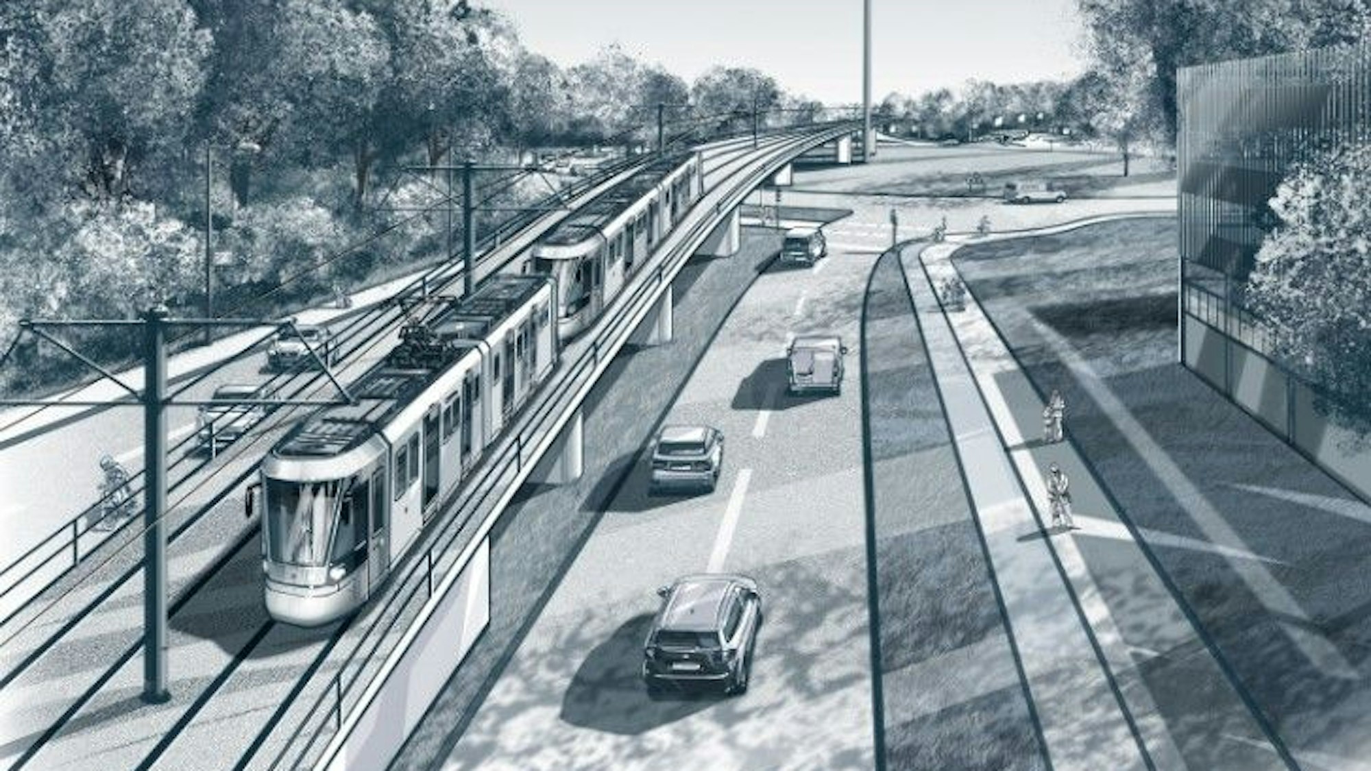 Über den Bonner Verteiler führt eine Brücke, über die eine Bahn fährt.