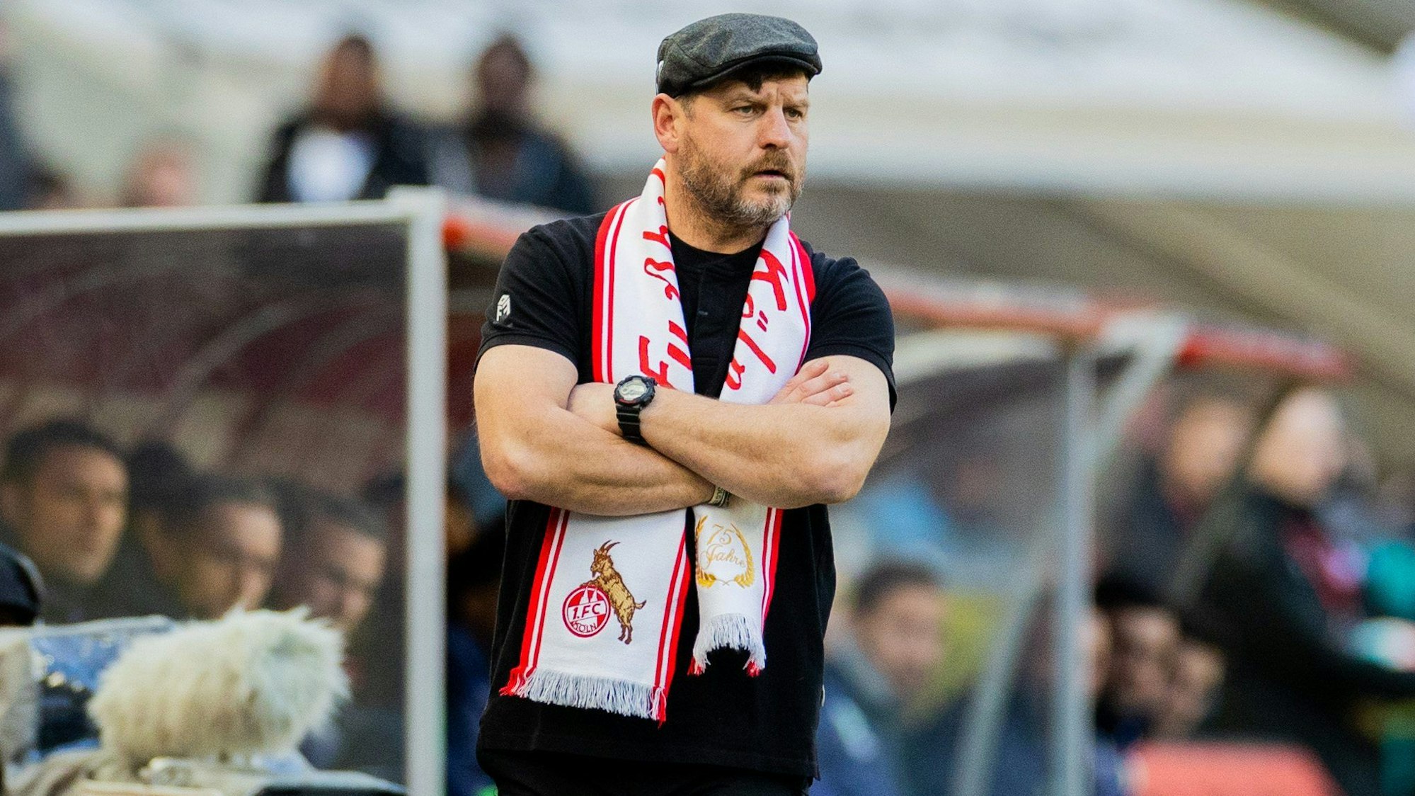 Steffen Baumgart trug zu Beginn des Bundesliga-Heimspiels gegen den VfL Wolfsburg am Samstag (25. Februar 2023) den Jubiläums-Schal. Kurz darauf stand der FC-Coach wieder nur mit T-Shirt an der Seitenlinie.