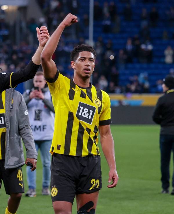 Dortmunds Gregor Kobel (l.) und Jude Bellingham jubeln nach dem Spiel gegen Hoffenheim in Richtung Fans.