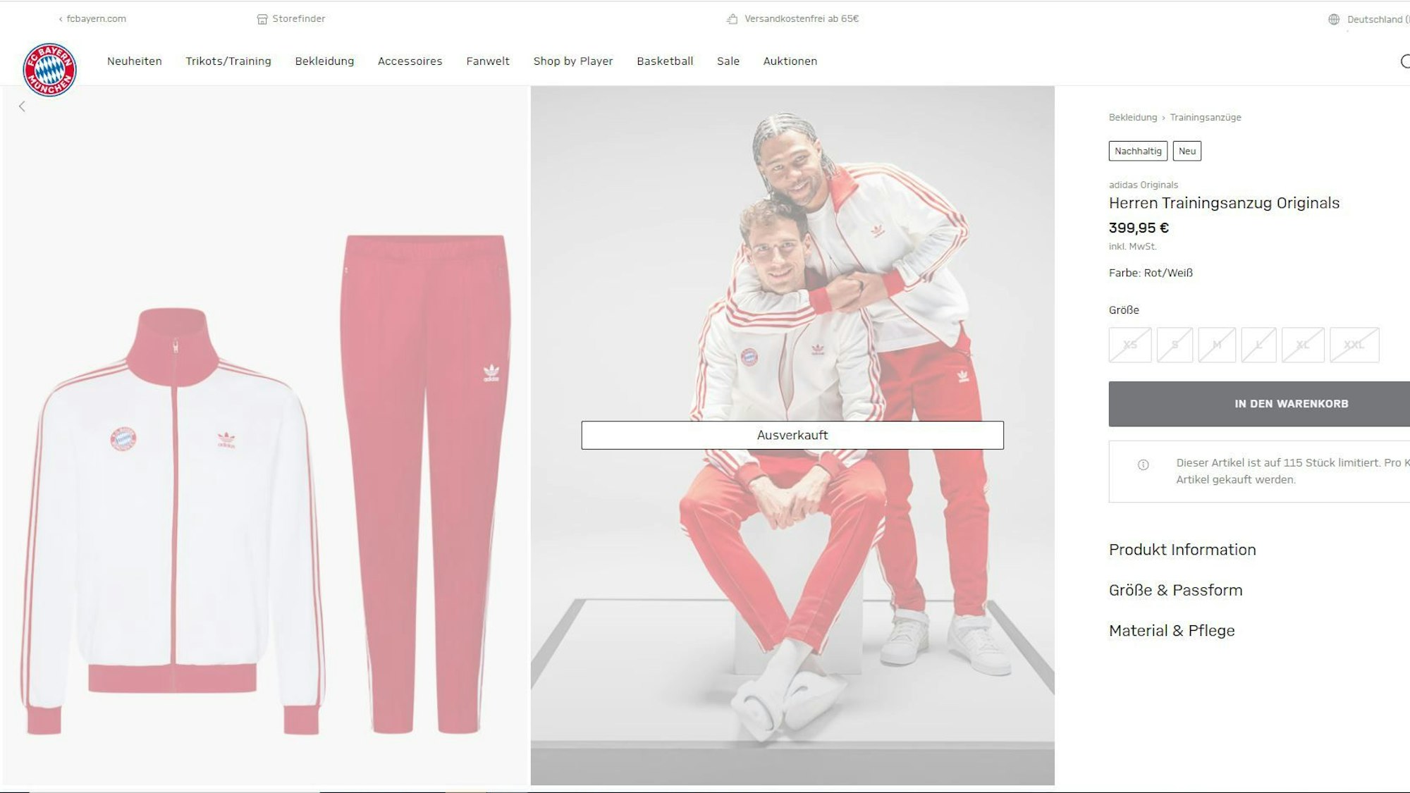 Eine Seite im Fanshop des FC-Bayern zeigt einen Trainingsanzug, getragen von Leon Goretzka und Serge Gnabry, für 399,95 Euro.