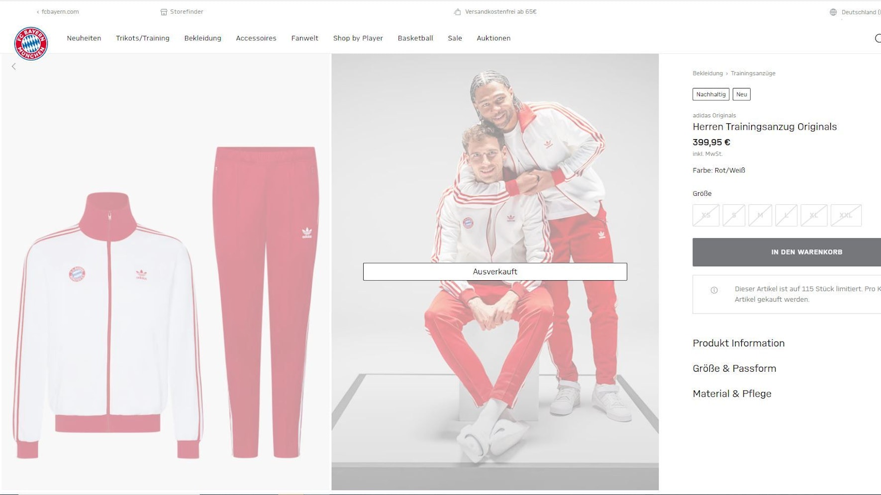 Eine Seite im Fanshop des FC-Bayern zeigt einen Trainingsanzug, getragen von Leon Goretzka und Serge Gnabry, für 399,95 Euro.